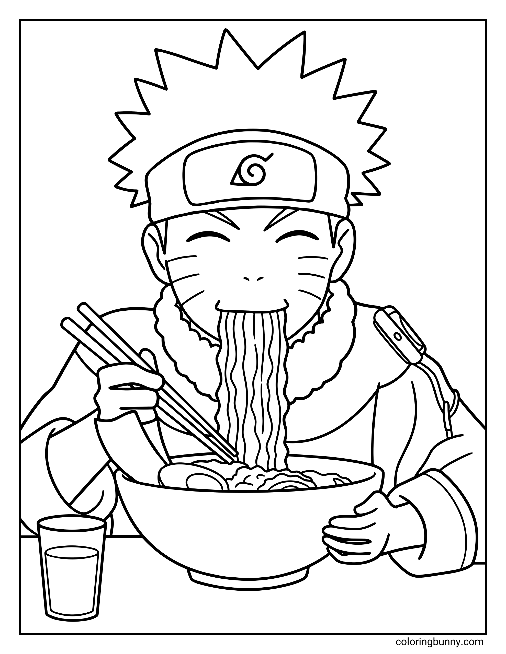 A Naruto coloring page showing Naruto Uzumaki happily eating a big bowl of ramen at the counter, with noodles hanging from his mouth as he holds chopsticks and smiles with closed eyes. He wears his ninja headband with the Hidden Leaf symbol while enjoying his favorite meal, capturing the cozy moment of Naruto digging into ramen at Ichiraku Ramen after a long day of training.