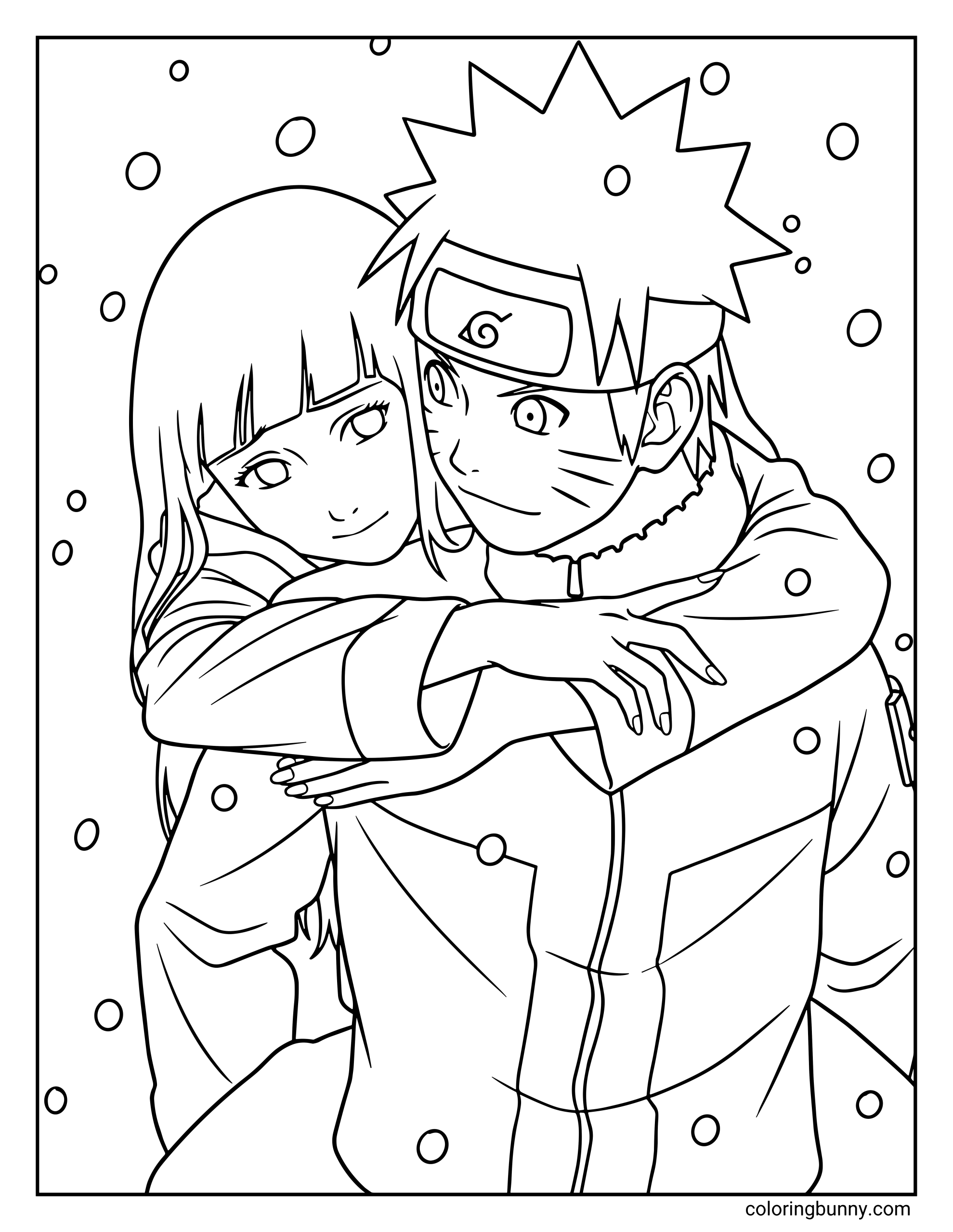 A Naruto coloring page featuring Naruto Uzumaki and Hinata Hyuga sharing a warm hug while snow falls around them. Naruto smiles softly while Hinata rests her arms around him, capturing a sweet moment between the two characters.