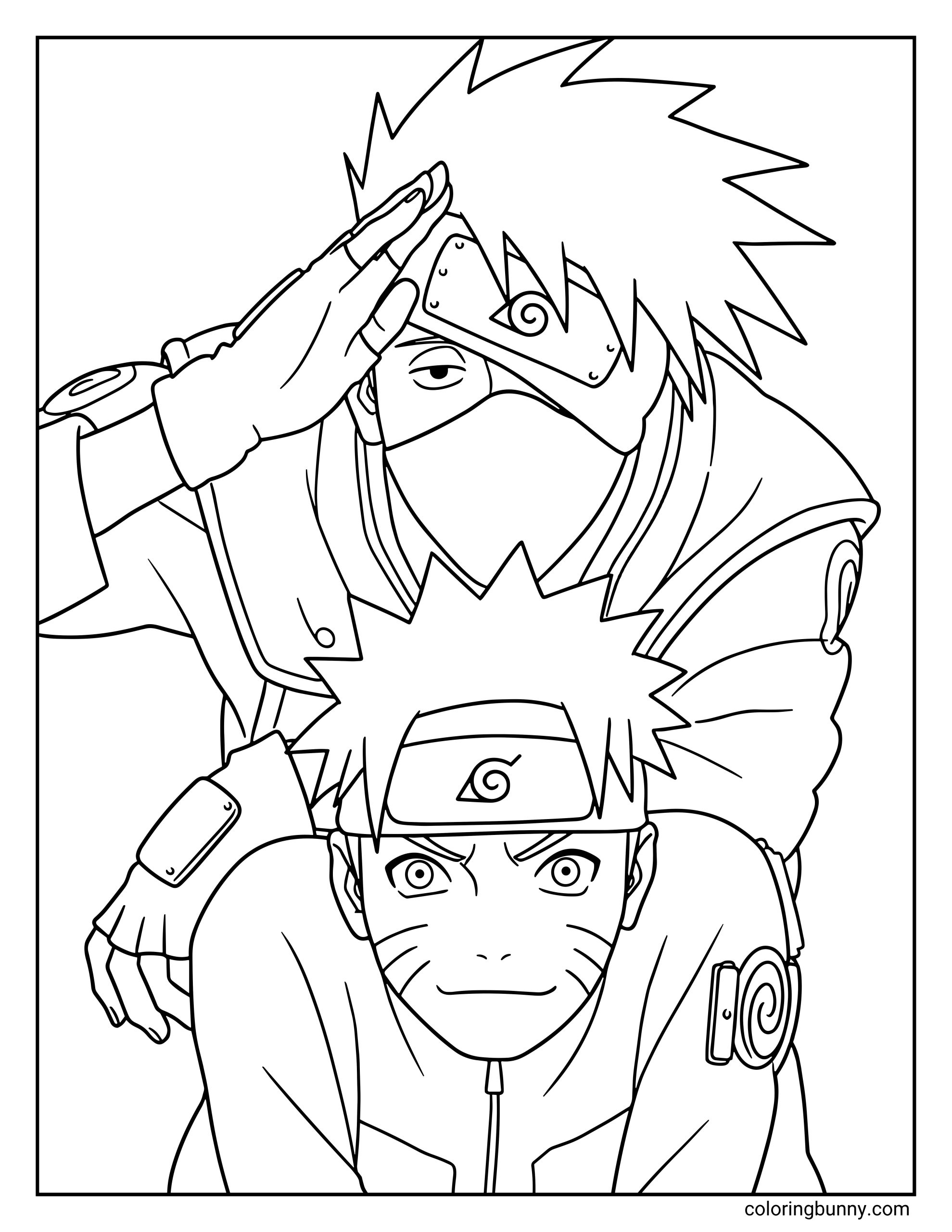 A Naruto coloring page featuring Naruto Uzumaki in the foreground with a determined expression while Kakashi Hatake stands behind him giving a relaxed salute. Both ninjas wear their Hidden Leaf headbands, representing the student and mentor duo from Naruto and members of Team 7.