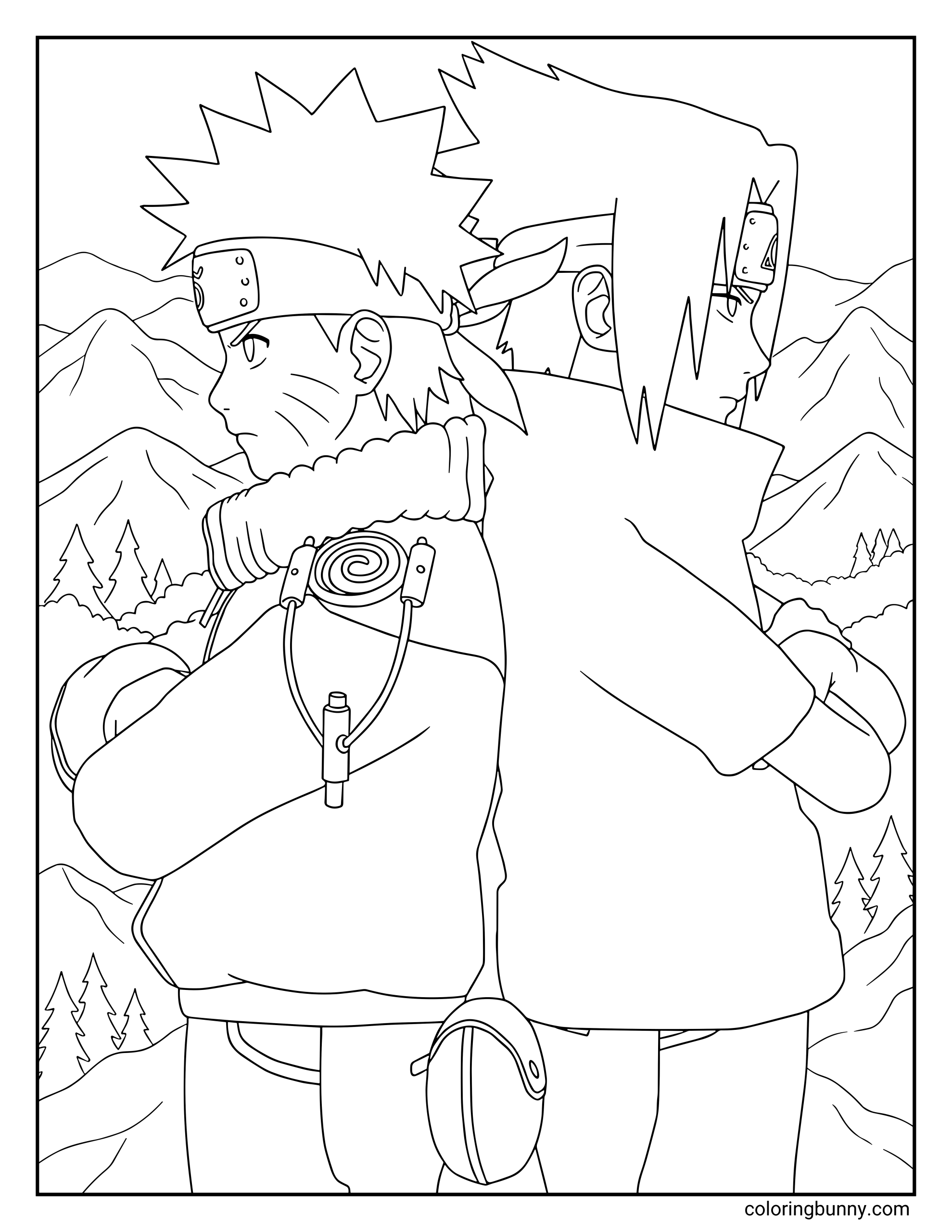 A Naruto coloring page featuring Naruto Uzumaki and Sasuke Uchiha standing back-to-back with their arms crossed in a mountain landscape. The scene captures the iconic rivalry and teamwork between the two powerful ninjas from Naruto as members of Team 7.