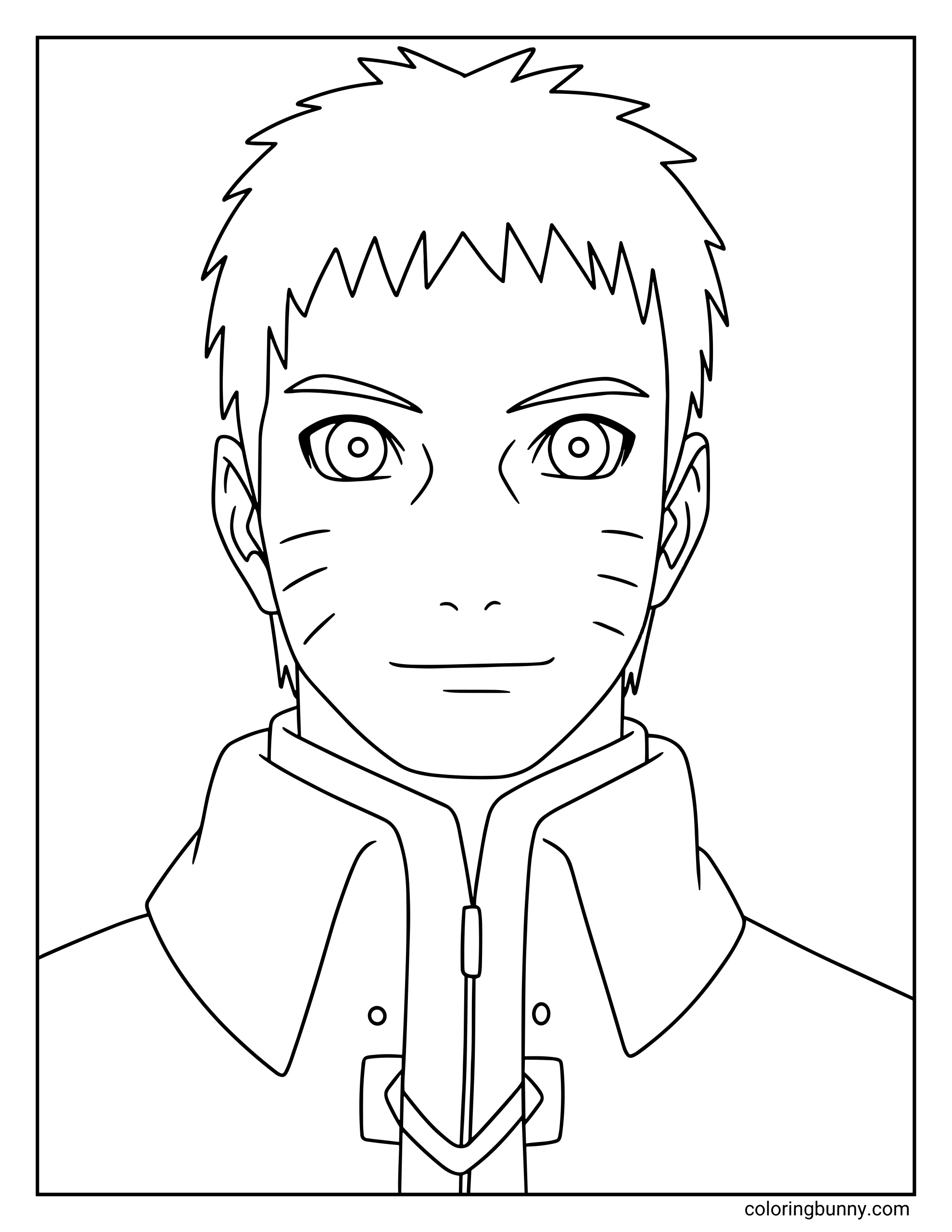 A Naruto coloring page featuring Naruto Uzumaki as an adult from Boruto: Naruto Next Generations, shown with shorter hair and a calm expression while wearing his Hokage-era jacket. The portrait highlights the older Naruto who leads the Hidden Leaf Village.