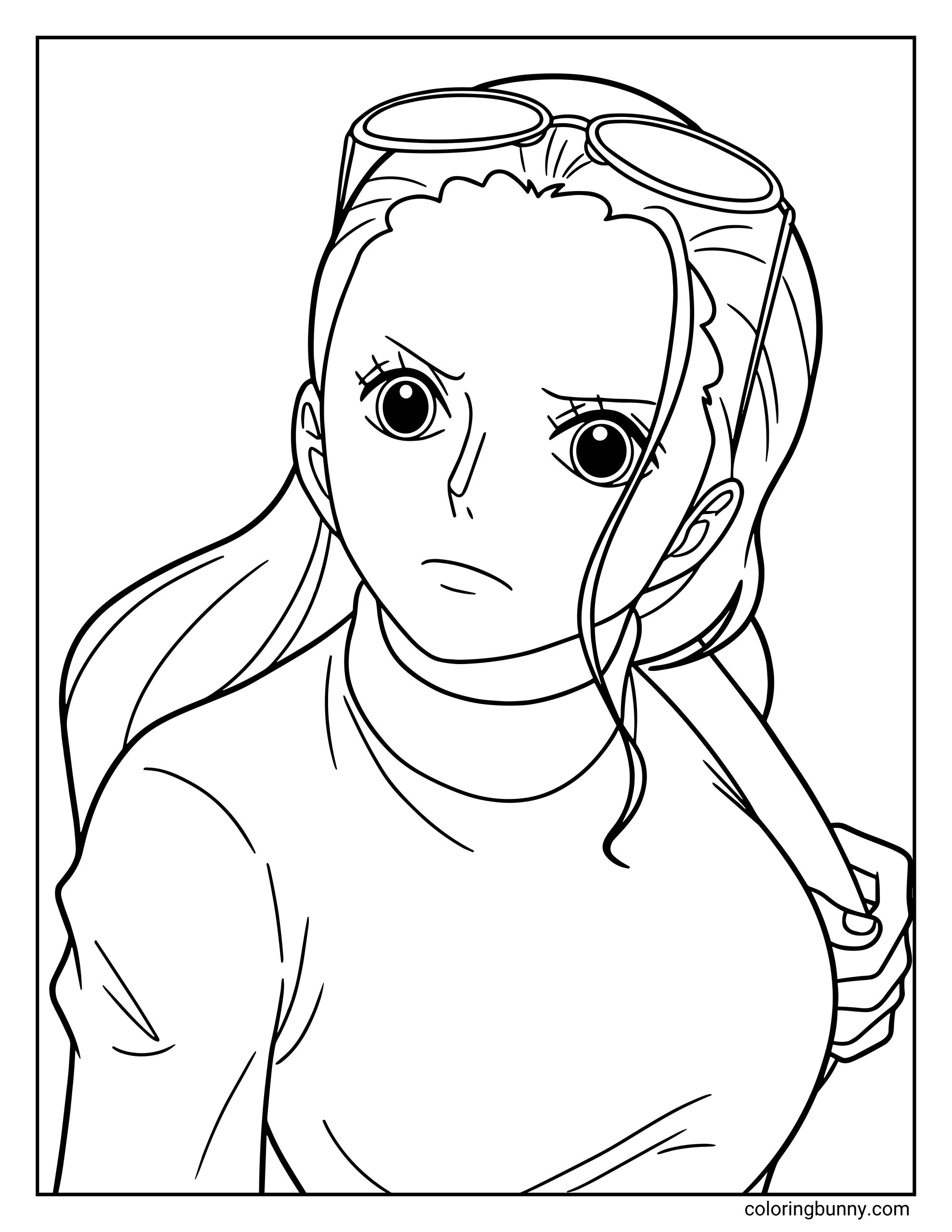 A Nico Robin One Piece coloring page showing the Straw Hat Pirates’ archaeologist looking calm and thoughtful while wearing goggles on her head and carrying a bag over her shoulder. With her long hair, sharp eyes, and composed expression, Robin appears ready for another adventure while searching for hidden history.