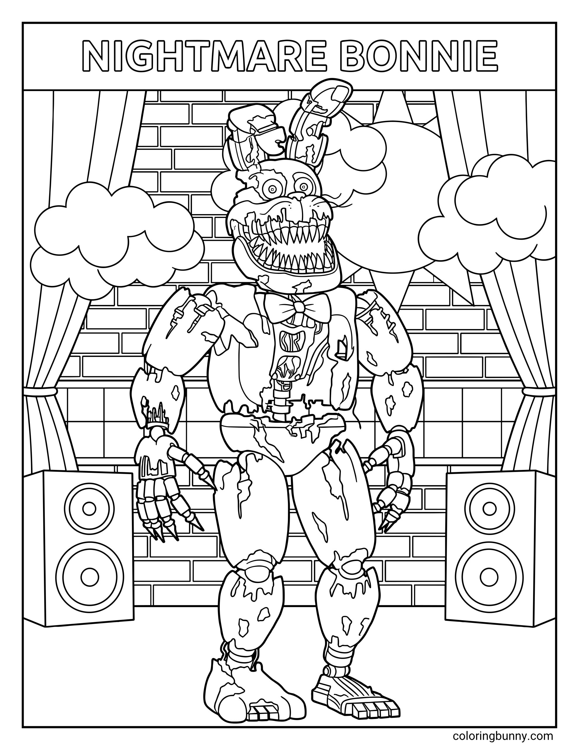 Nightmare Bonnie coloring page featuring the tattered rabbit with multiple rows of teeth, standing on a stage with speakers and a brick wall.