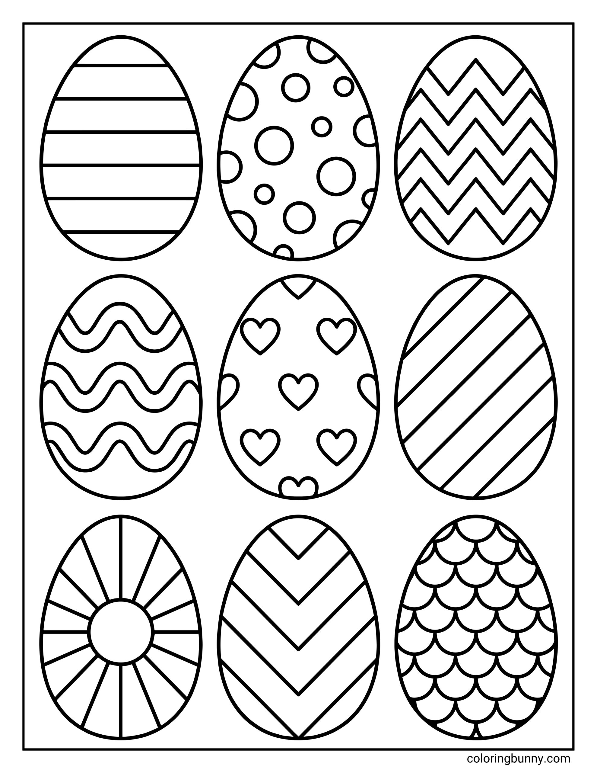 Nine Easter eggs coloring page arranged in a 3x3 grid, each egg featuring different patterns including stripes, polka dots, hearts, zigzags, scallops, and sunburst designs.