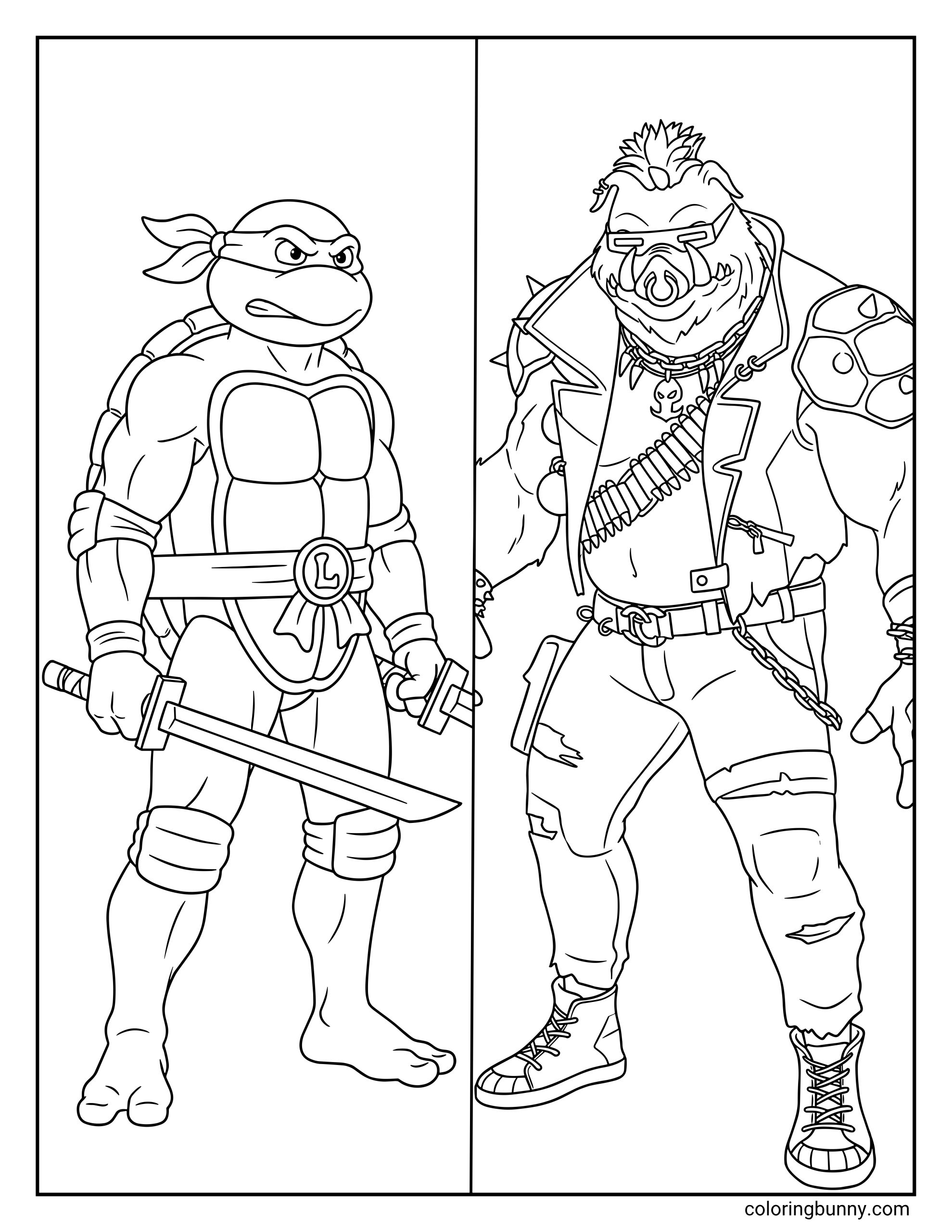 Ninja Turtles Leonardo vs Bebop coloring page showing Leonardo holding a katana in a battle-ready stance while Bebop stands opposite him in punk street gear with sunglasses, chains, and a torn vest in a black-and-white action scene.