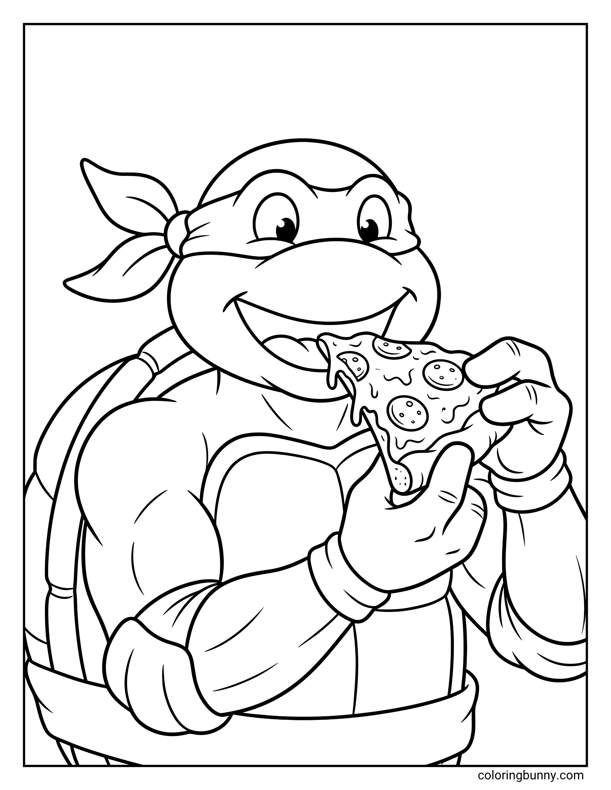 Ninja Turtles Michelangelo coloring page showing Michelangelo holding a slice of pepperoni pizza close to his mouth, with a huge smile, mask, shell, muscular arms, and simple black-and-white line art.
