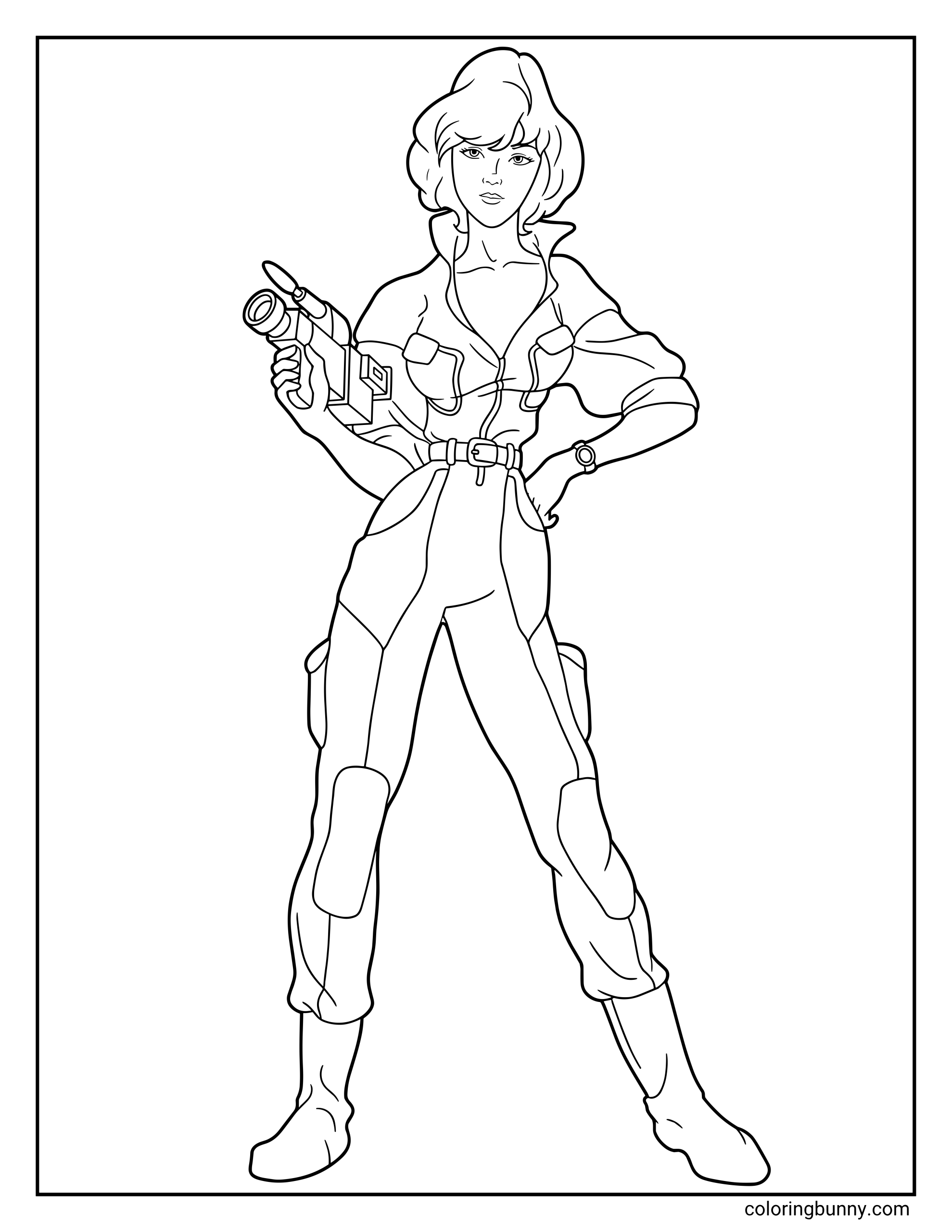 Ninja Turtles April O’Neil coloring page featuring April in a heroic full-body pose, with a confident expression, styled hair, jumpsuit details, belt, boots, and a cam recorder.