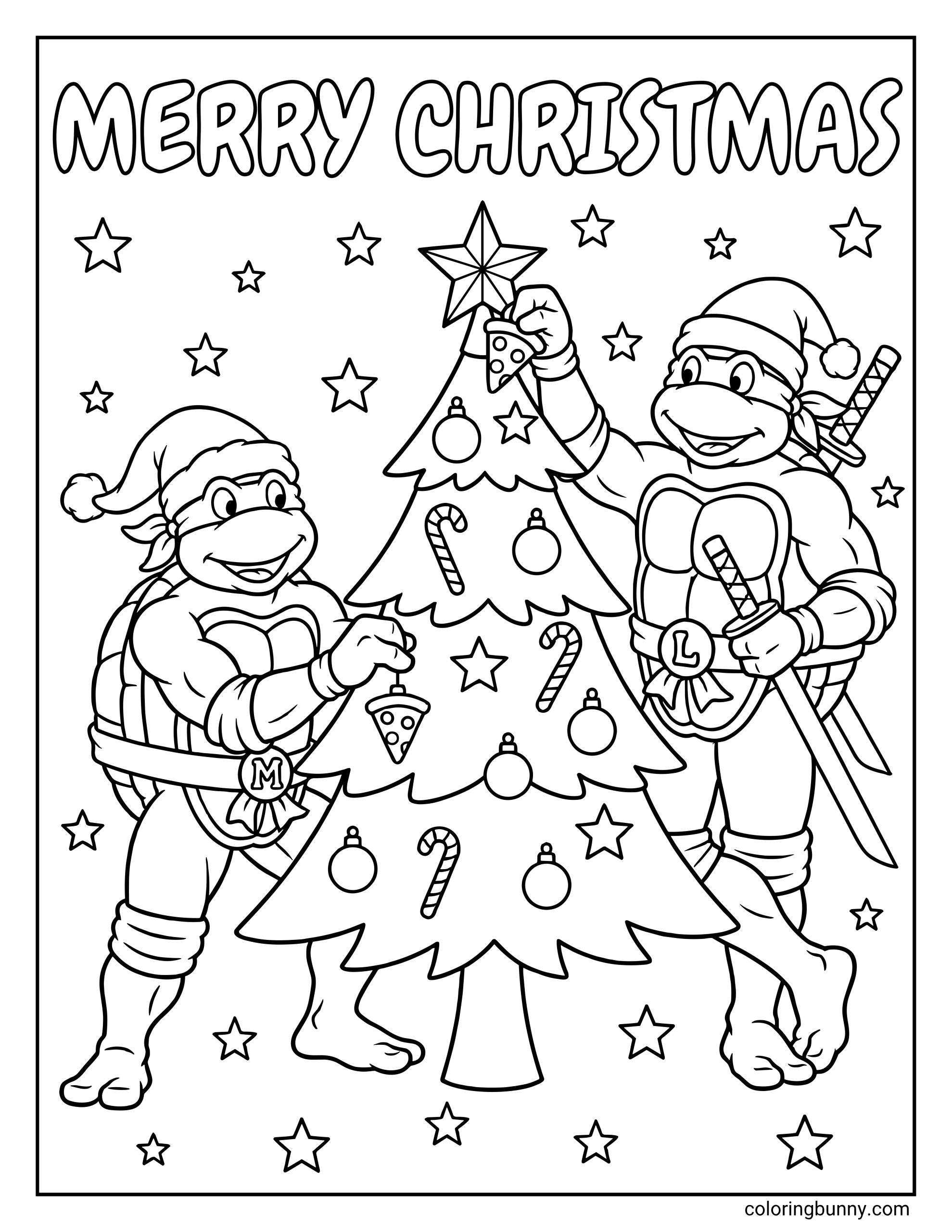 Ninja Turtles Christmas coloring page showing Leonardo and Michelangelo wearing Santa hats and decorating a Christmas tree with ornaments, candy canes, stars, and pizza-slice decorations beneath the words “MERRY CHRISTMAS”