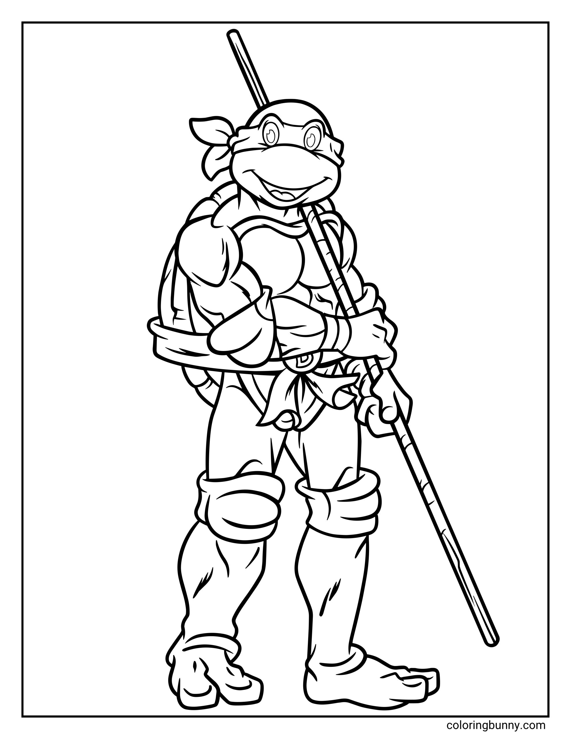 Ninja Turtles Donatello coloring page showing Donatello standing in a full-body pose while holding his long bo staff, with his bandana mask, shell, belt, pads, and muscular turtle build