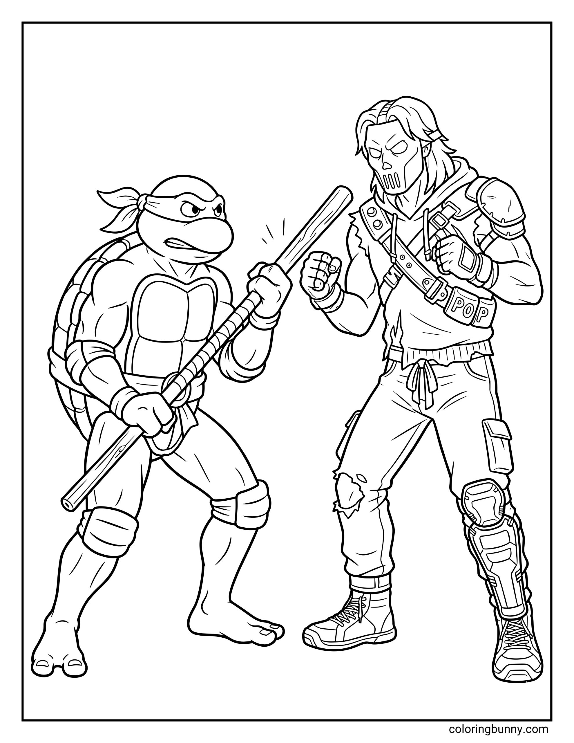 A coloring page of the Ninja Turtle Donatello holding his bo staff while facing the masked hero Casey Jones.