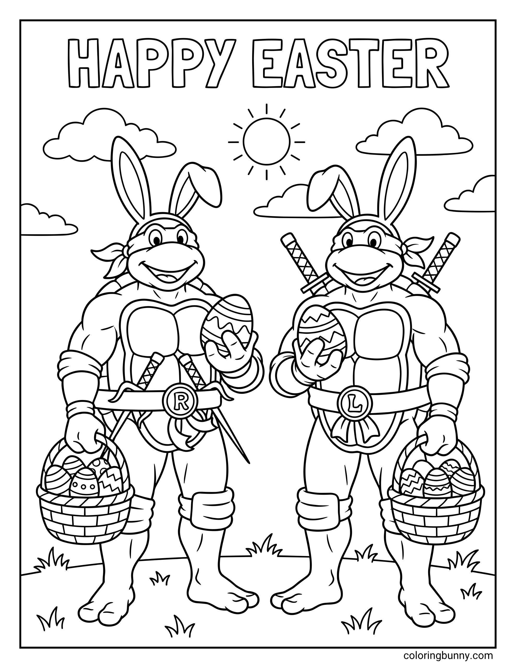 Ninja Turtles Easter coloring page showing Leonardo and Raphael wearing bunny ears, holding decorated Easter eggs and baskets full of eggs, beneath the words “HAPPY EASTER” with clouds, sun, and grass
