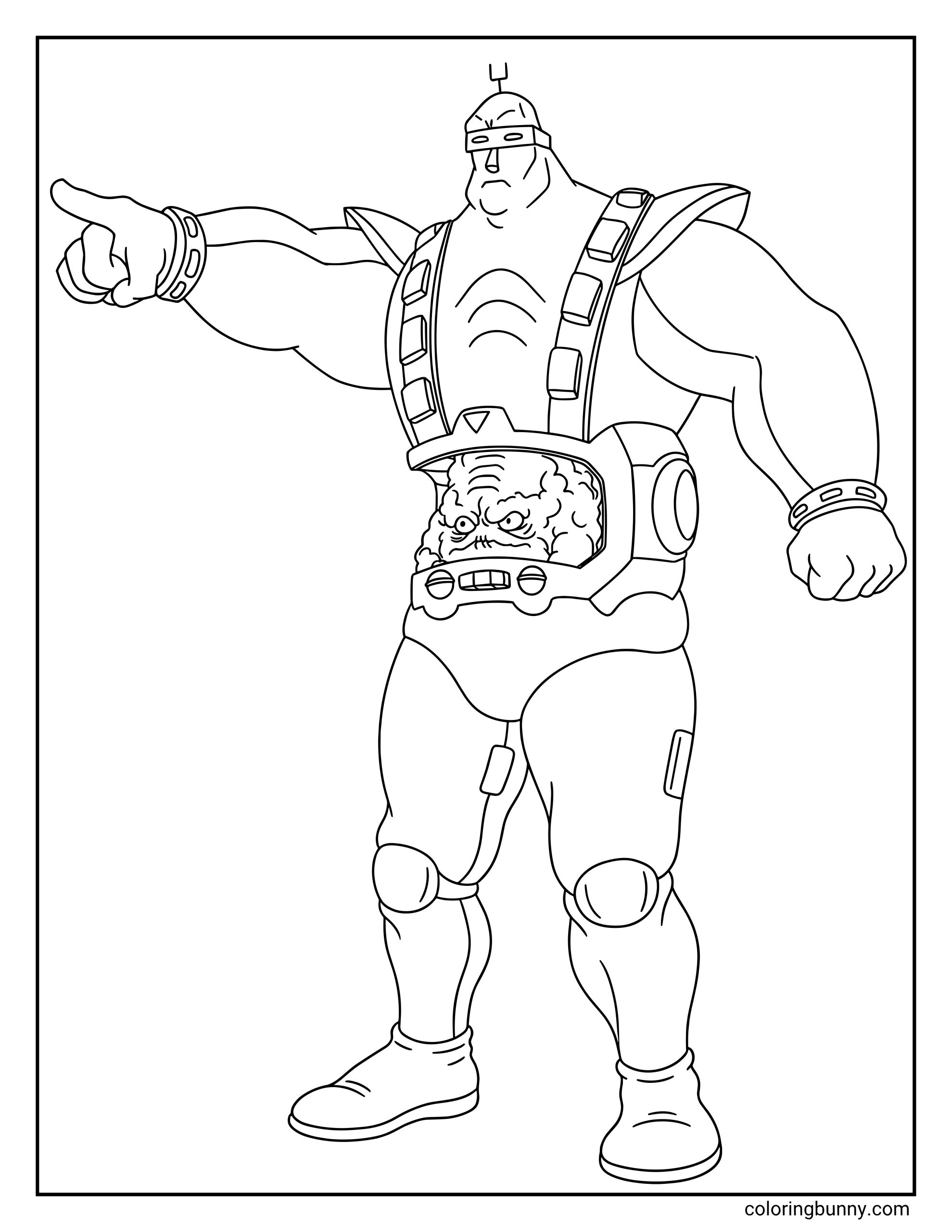 Ninja Turtles Krang coloring page showing Krang inside his large android body, with the brain-like alien visible in the stomach control chamber, one arm pointing forward, and the suit’s muscular limbs, shoulder armor, wrist cuffs, boots, and head antenna clearly outlined.