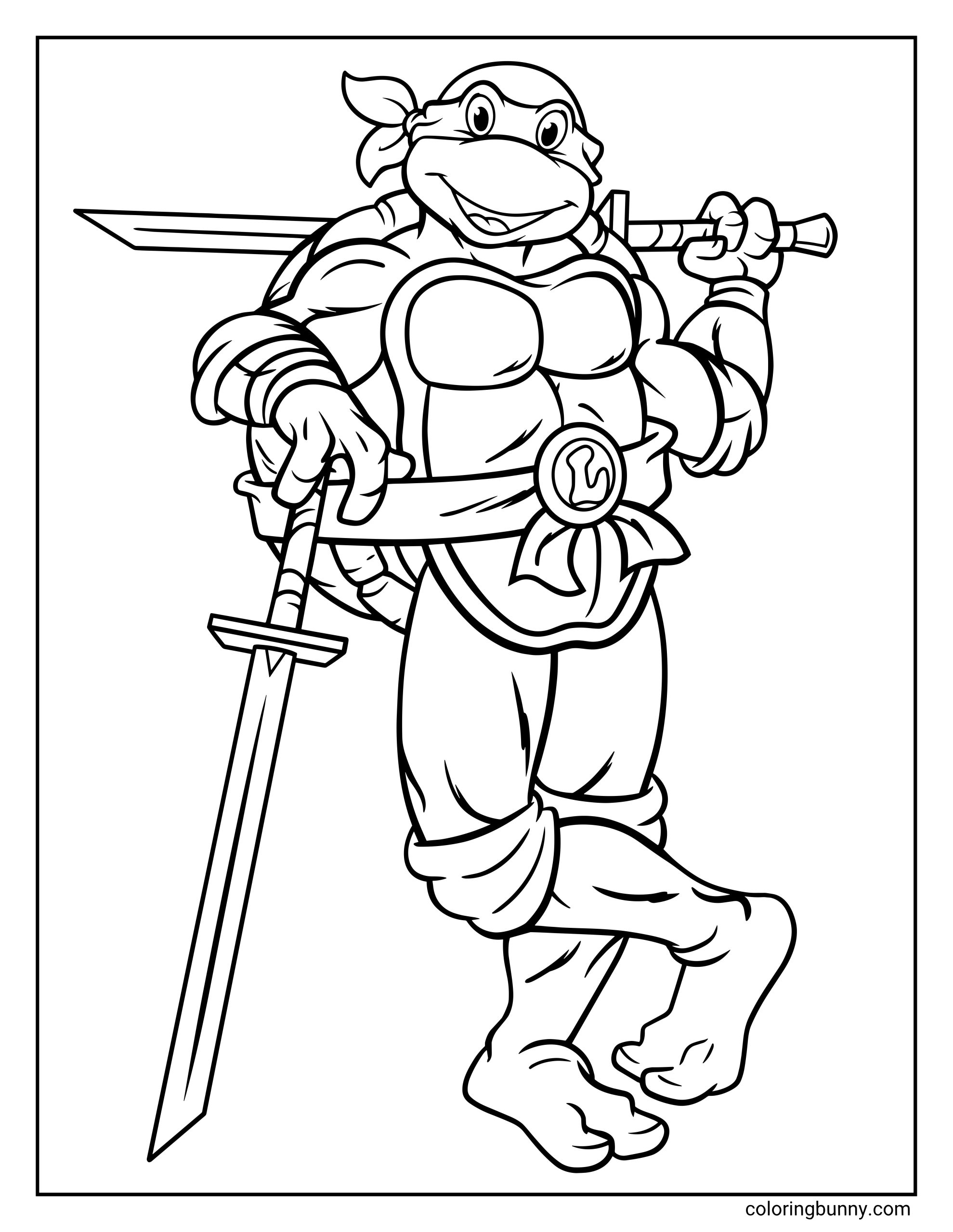 Ninja Turtles Leonardo coloring page showing Leonardo standing in a full-body action pose, holding one katana downward and resting the other across his shoulder, with his bandana mask, shell, belt, and pads clearly outlined.