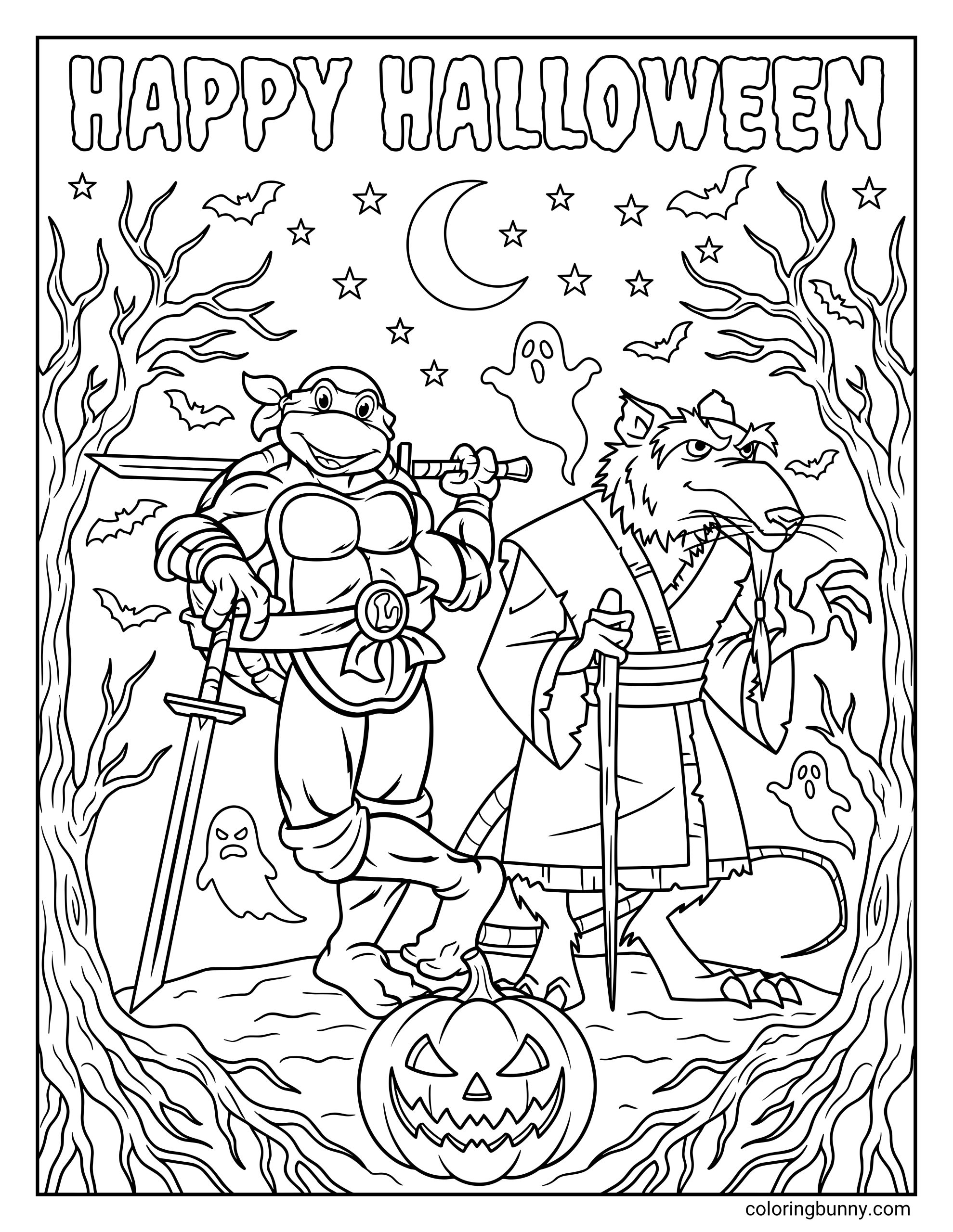 Ninja Turtles Leonardo and Splinter Halloween coloring page showing Leonardo standing with his swords beside Splinter, who wears a robe and holds a staff, surrounded by ghosts, bats, stars, a crescent moon, twisted trees, and a carved pumpkin in a black-and-white spooky scene.