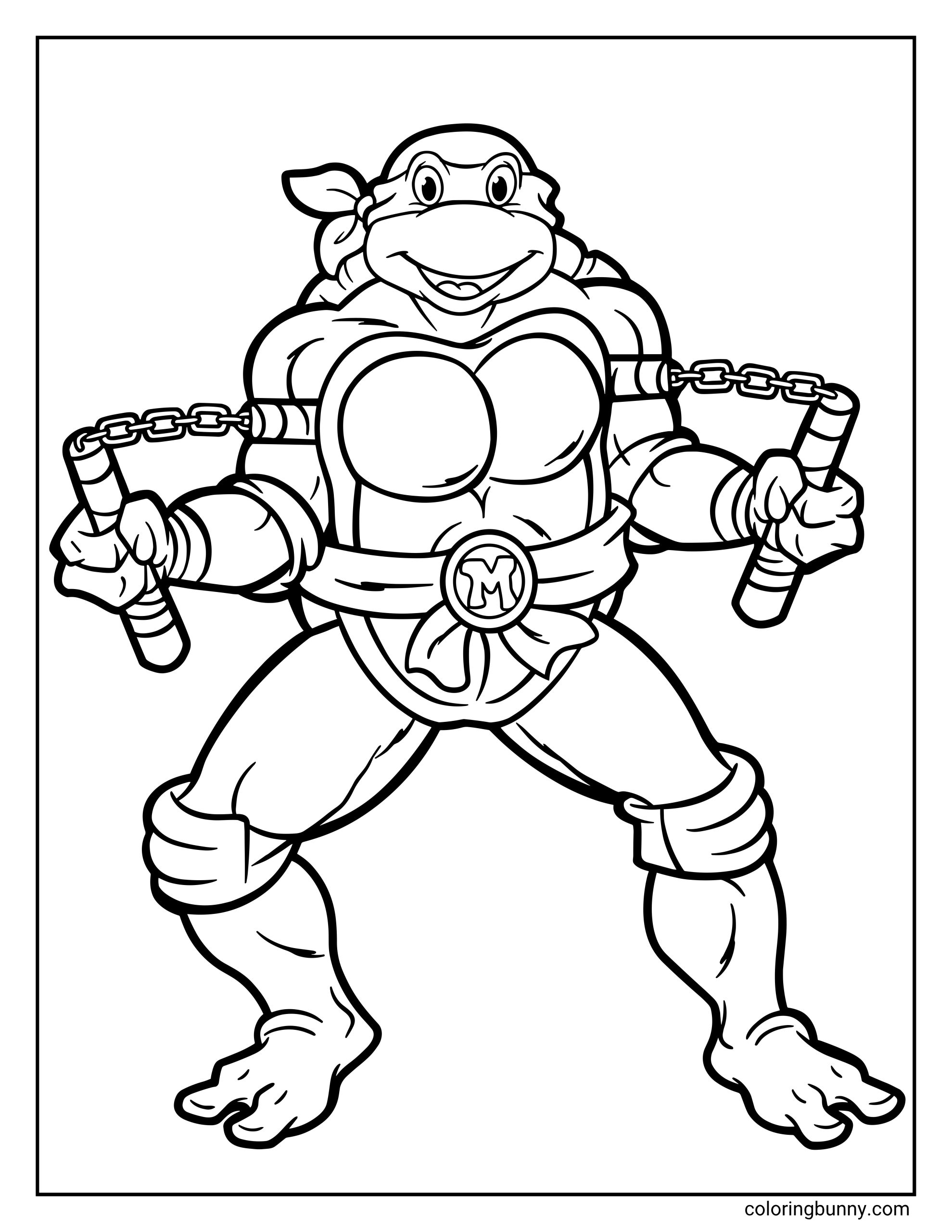 Ninja Turtles Michelangelo coloring page featuring Michelangelo in a heroic full-body pose, with a smiling expression, bandana mask tails, shell details, wraps, belt, and nunchucks drawn in simple line art.