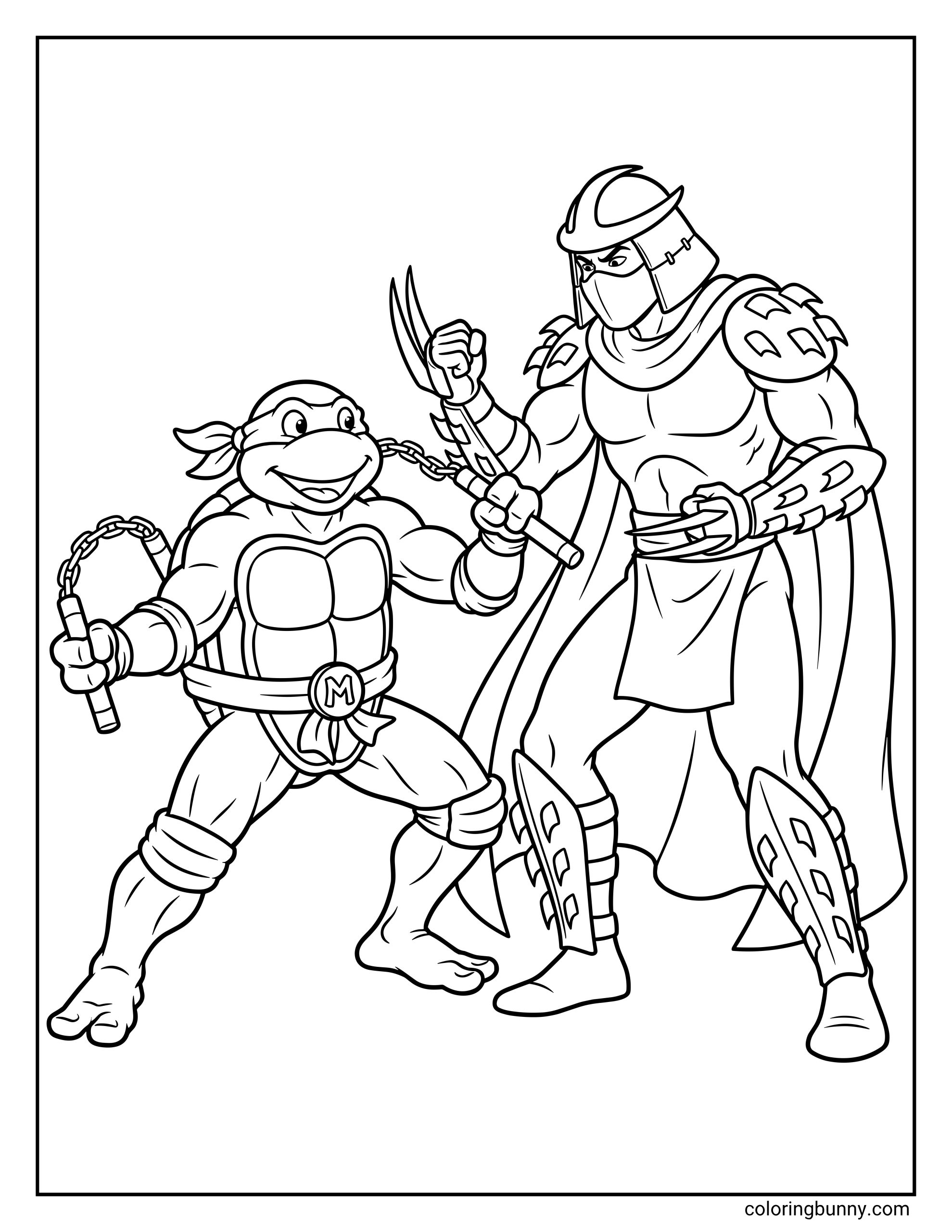 Ninja Turtles Michelangelo vs Shredder coloring page showing Michelangelo in a fighting stance with his nunchucks facing Shredder, who wears bladed armor, a helmet, and a long cape in a black-and-white action scene.