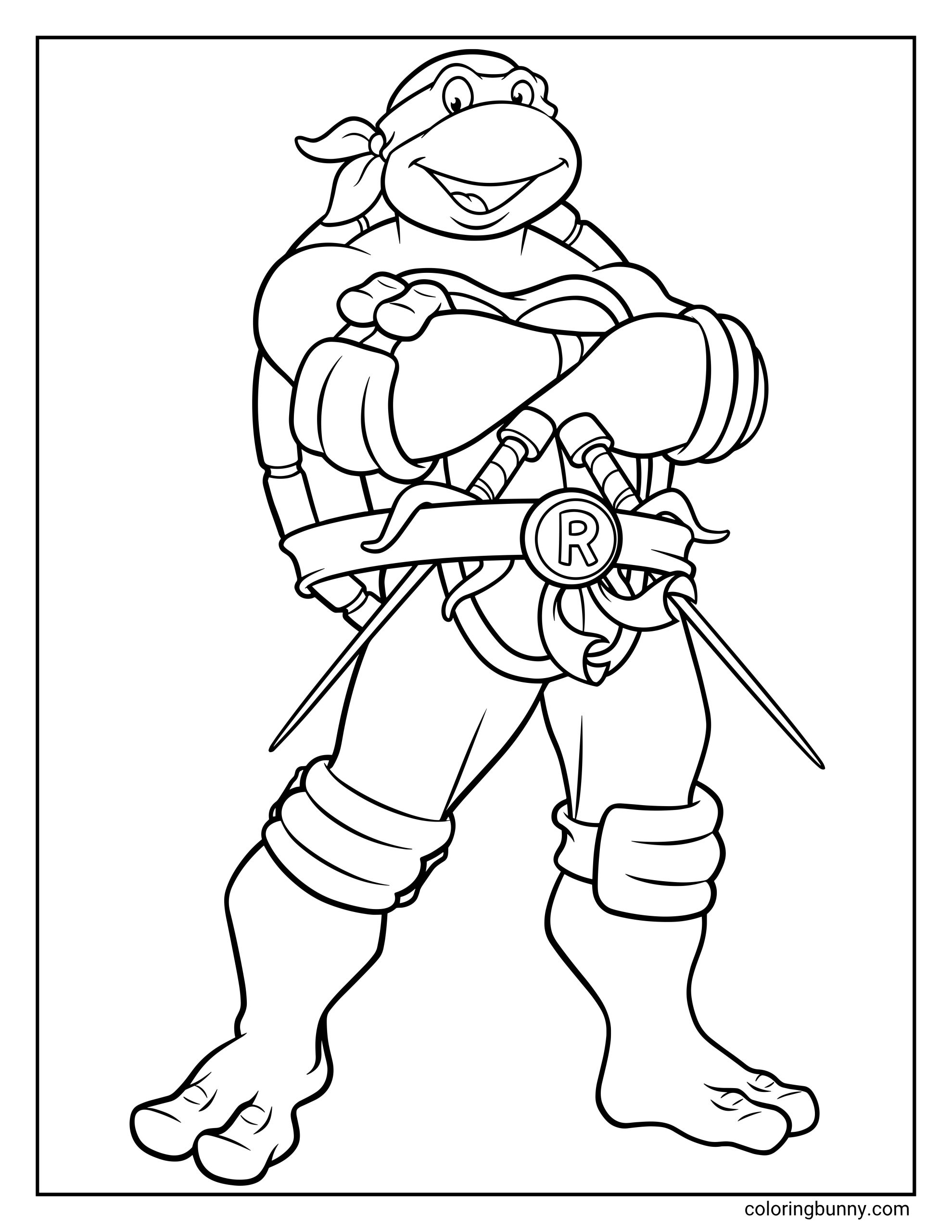 Ninja Turtles Raphael coloring page featuring Raphael in a heroic full-body pose, with a smiling expression, crossed arms, bandana mask tails, shell details, pads, belt, and two sai.