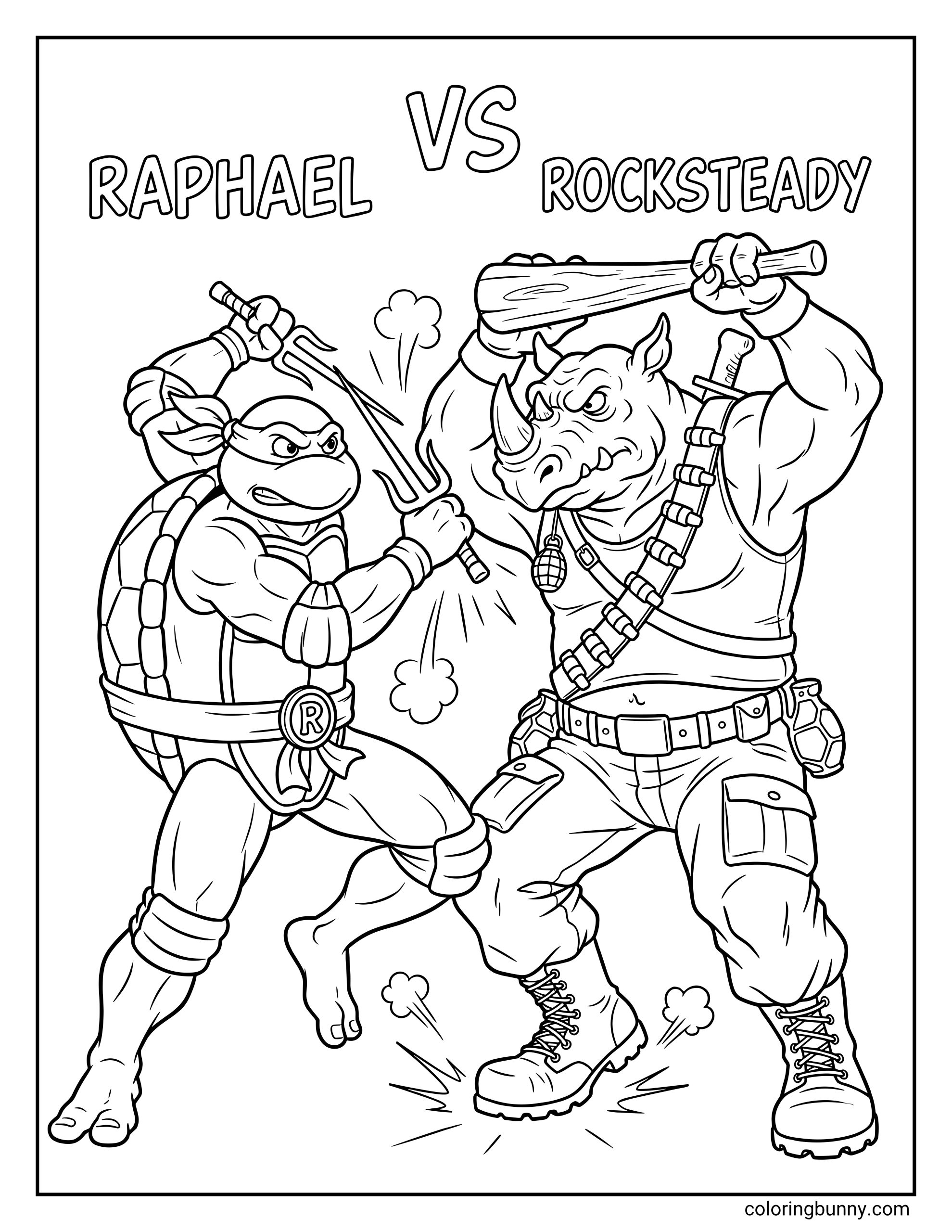 Ninja Turtles Raphael vs Rocksteady coloring page showing Raphael lunging forward with his twin sai while Rocksteady raises a wooden bat overhead in a black-and-white action scene.