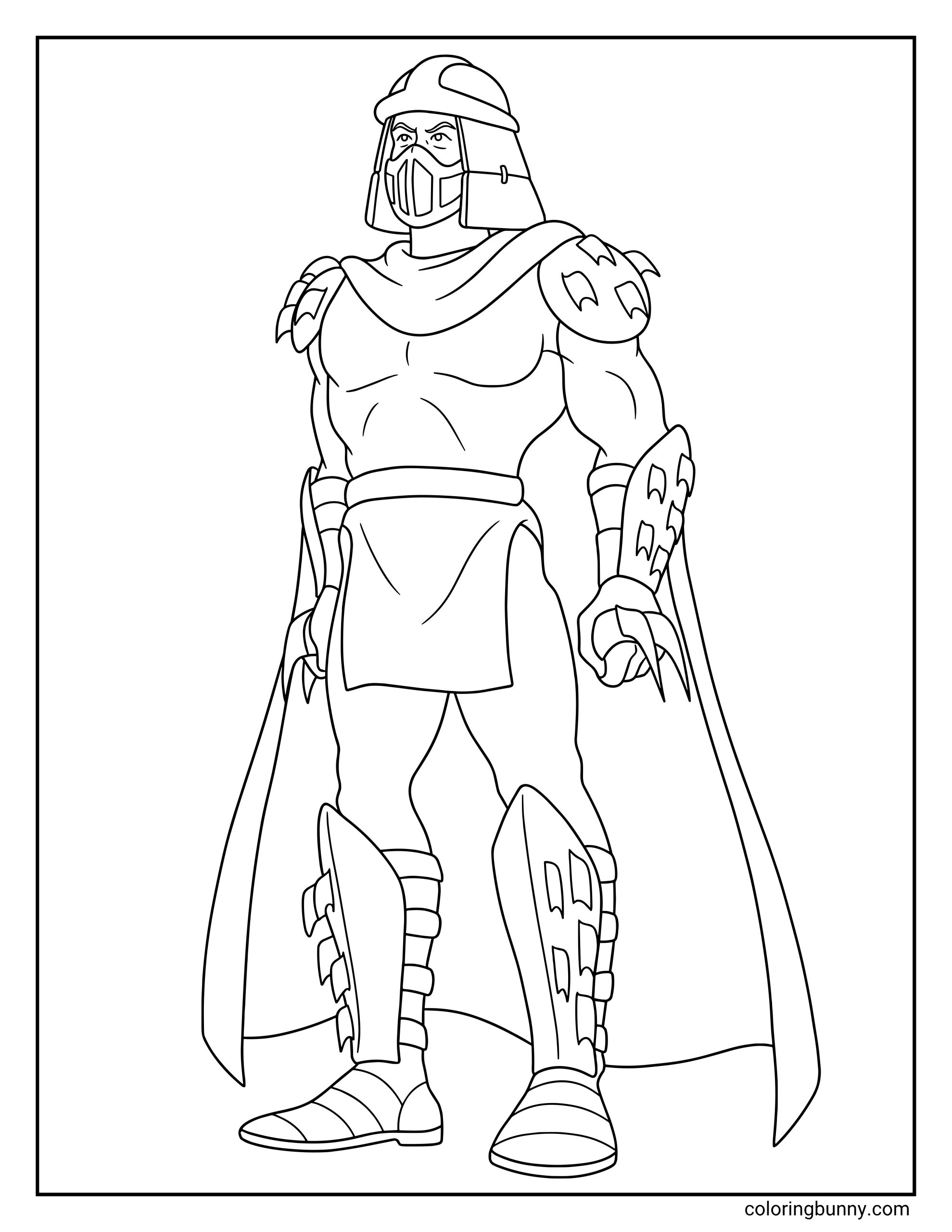 A coloring page of Shredder from Teenage Mutant Ninja Turtles, featuring the armored villain standing upright with his cape flowing behind him, clawed gauntlets ready, and spiked armor details clearly outlined on a plain background.