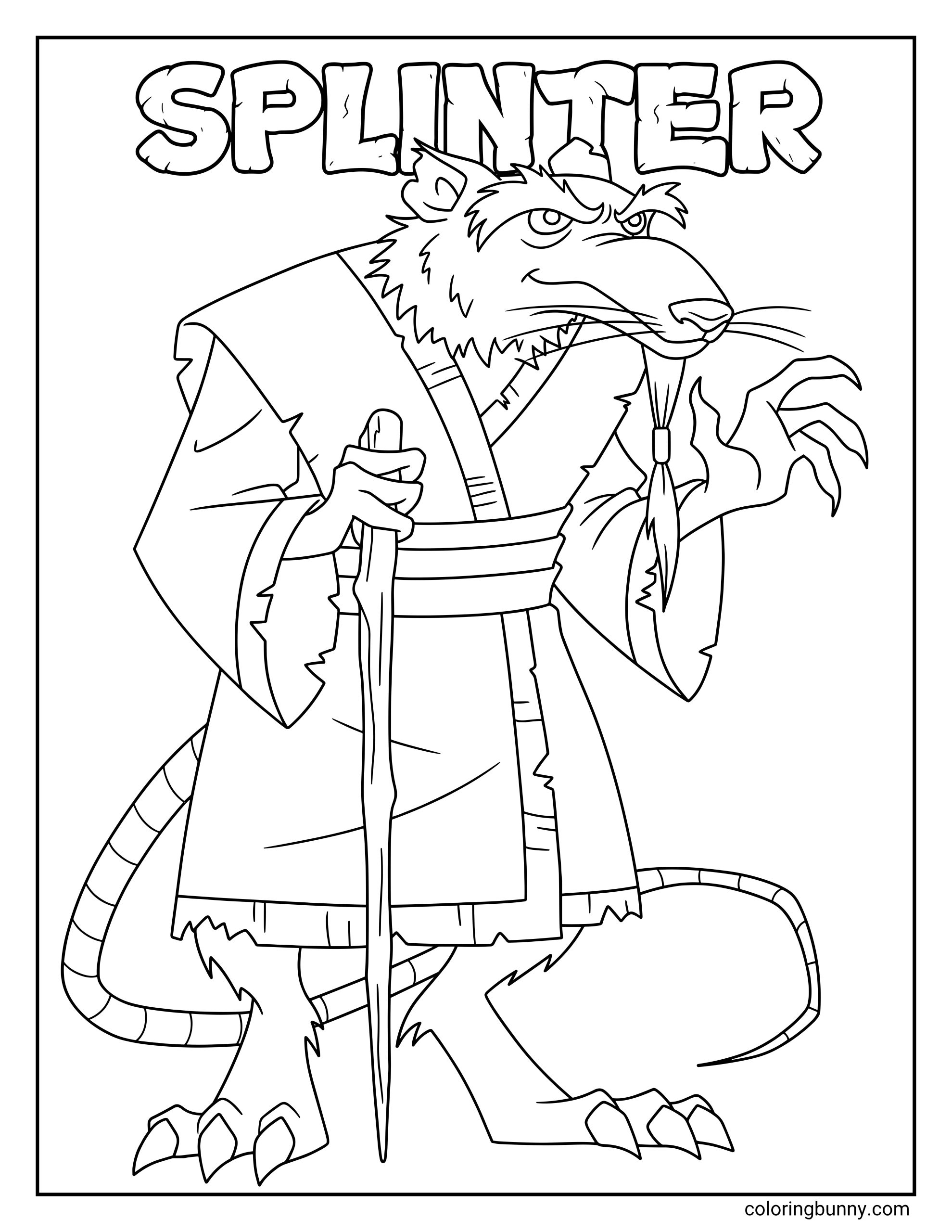 Ninja Turtles Splinter coloring page featuring Splinter in a heroic full-body pose, with a robe, sash, long staff, clawed feet, whiskers, pointed ears, striped tail, and the word “SPLINTER” above him.