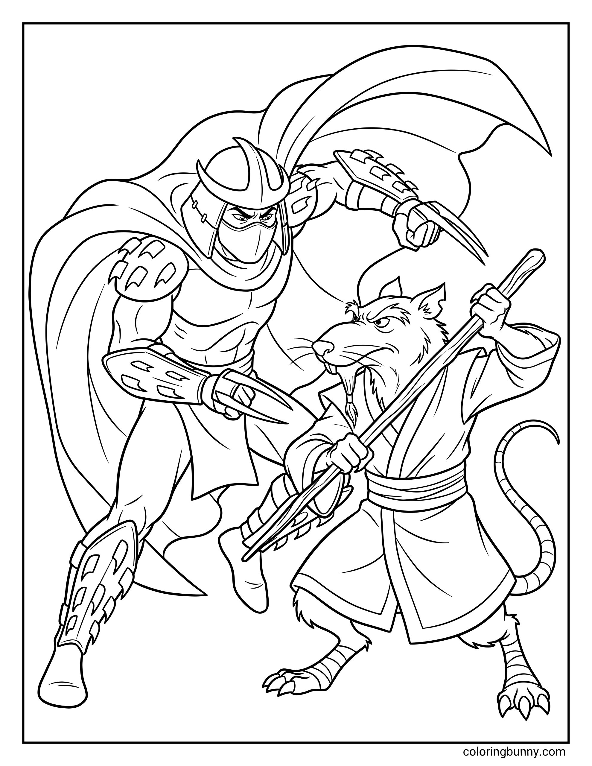 Ninja Turtles Splinter vs Shredder coloring page showing Splinter holding his staff in a defensive fighting stance while Shredder lunges toward him with bladed armor and a flowing cape in a black-and-white action scene.