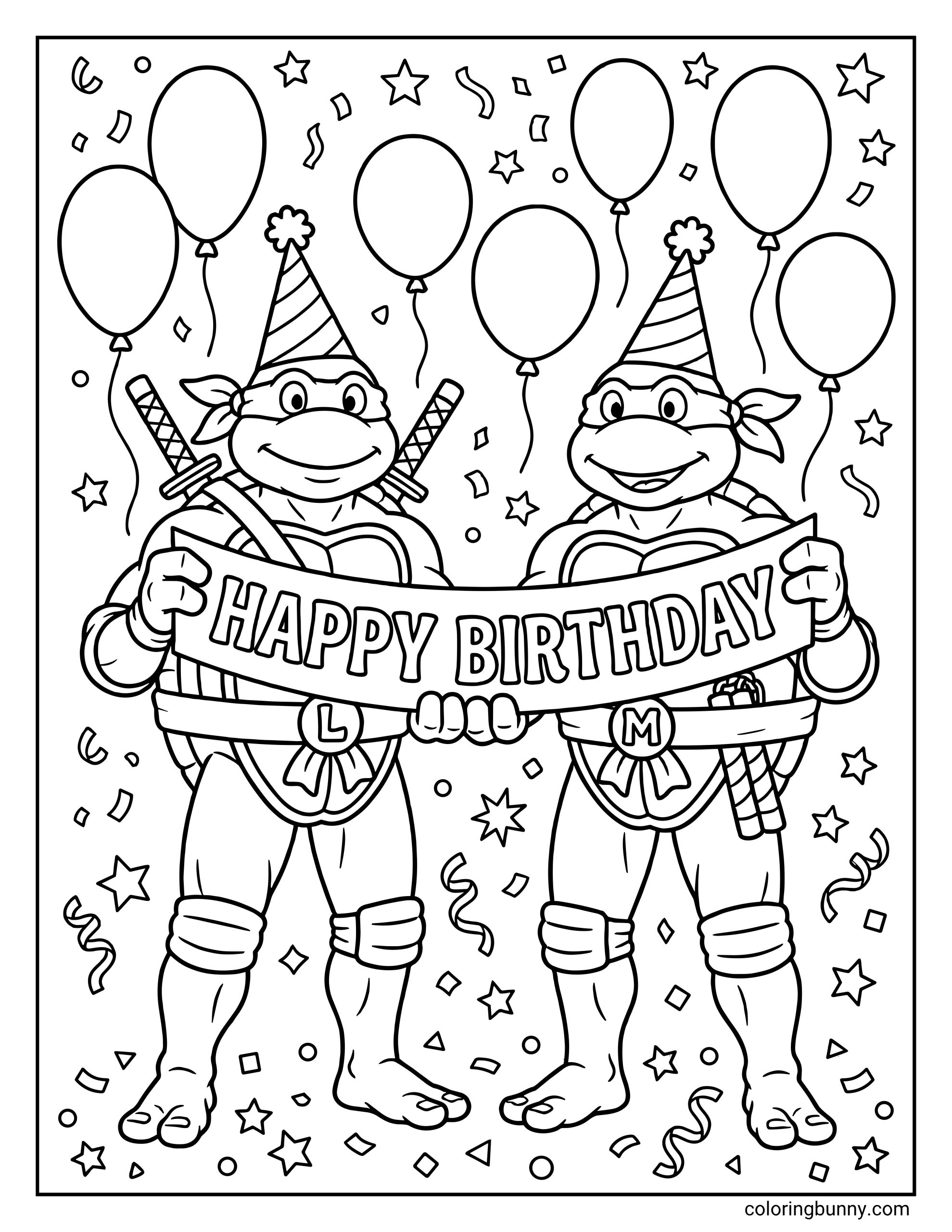 Ninja Turtles birthday coloring page featuring Leonardo and Michelangelo in a full-body party scene, wearing hats and holding a birthday banner while balloons, stars, and confetti decorate the page.