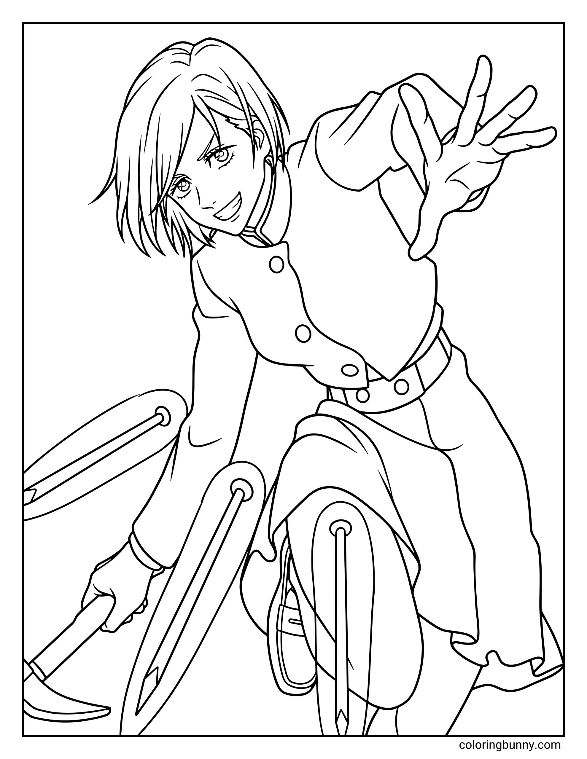 A Jujutsu Kaisen coloring page featuring Nobara Kugisaki lunging forward with a confident grin.