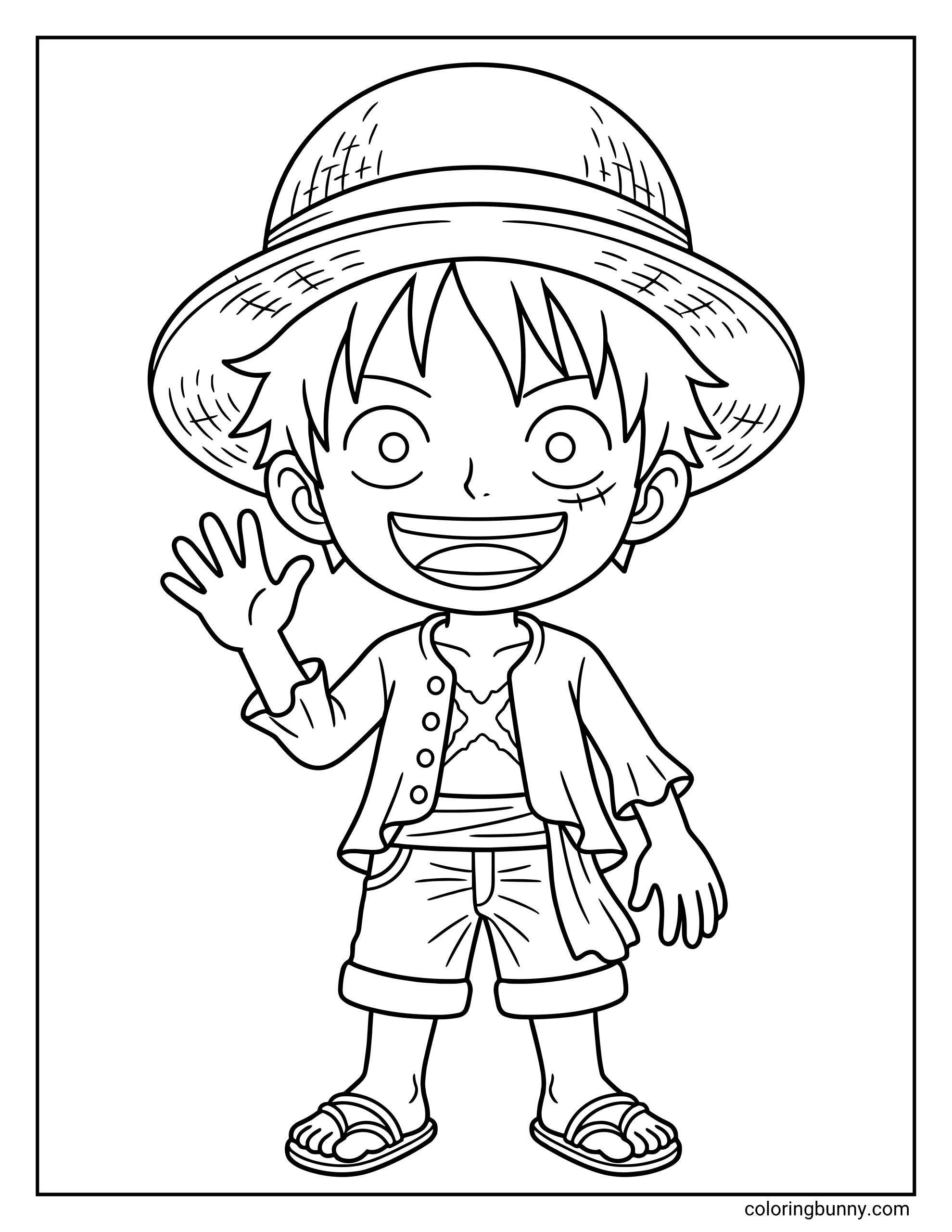 A simple chibi-style coloring page of Monkey D. Luffy from One Piece. He is standing and waving with a wide, cheerful grin. He wears his signature straw hat, an open button-down shirt showing his X-shaped chest scar, a sash around his waist, denim shorts, and sandals.