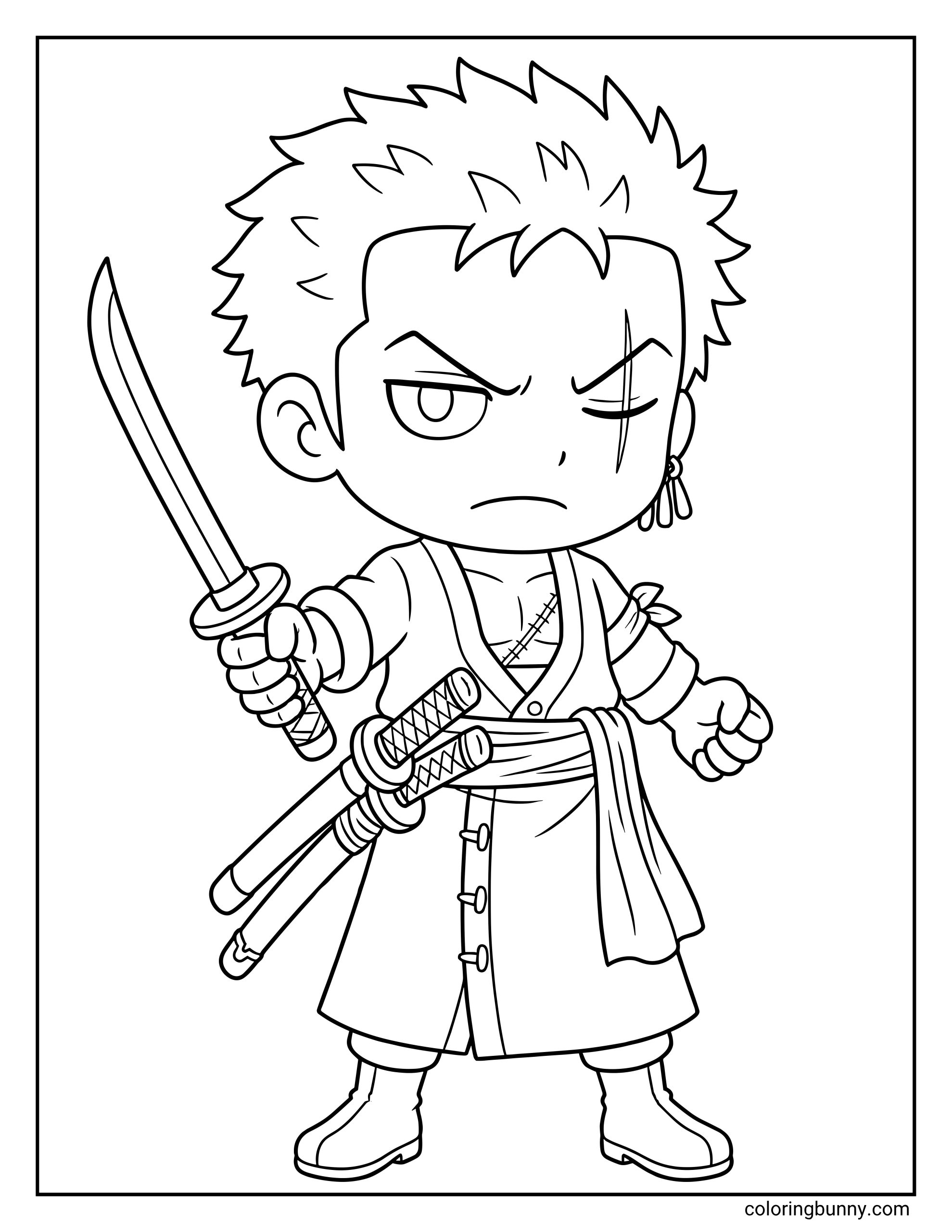 A simple chibi coloring page of Roronoa Zoro from One Piece. He has a serious expression with a scar over his closed left eye and short, spiked hair. He is holding one katana out to his side while his other two swords are tucked into his sash. He wears his long post-timeskip robe and three earrings in his left ear.