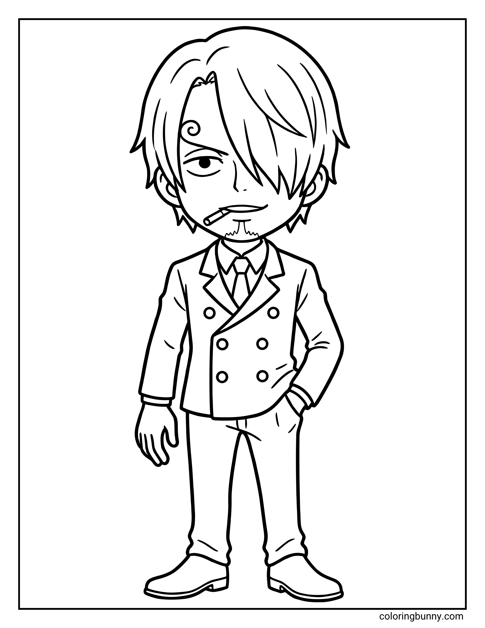 A simple chibi coloring page of Sanji from One Piece. He is standing with one hand in his pocket, wearing his signature double-breasted suit, dress shirt, and tie. His hair covers his left eye, revealing his iconic curly eyebrow on the right, and he has a small goatee and a cigarette in his mouth.