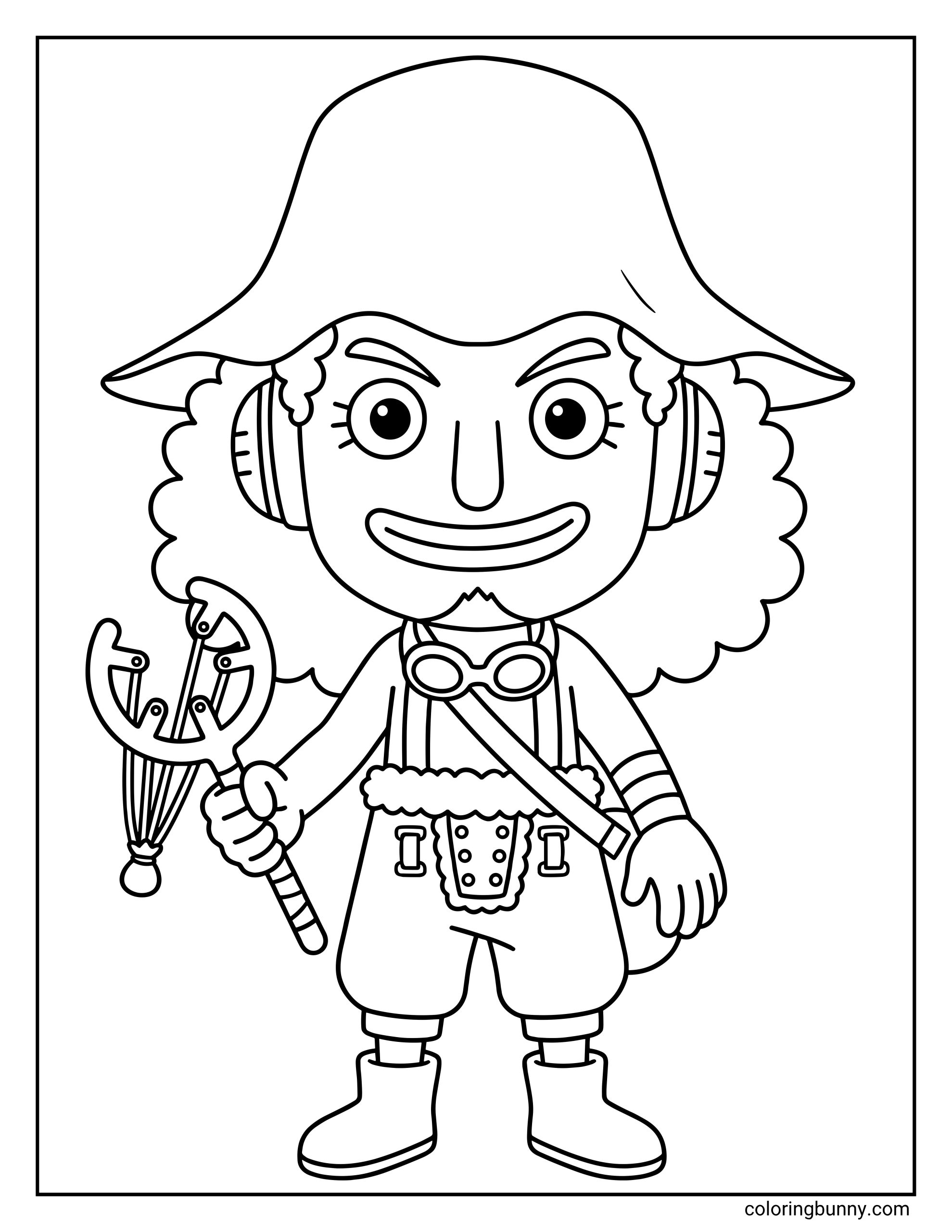 A simple chibi coloring page of Usopp from One Piece in his post-timeskip outfit. He is standing confidently with his signature long nose and curly hair, holding his "Kuro Kabuto" slingshot. He wears his large white sun hat, goggles around his neck, and overall-style pants with boots.
