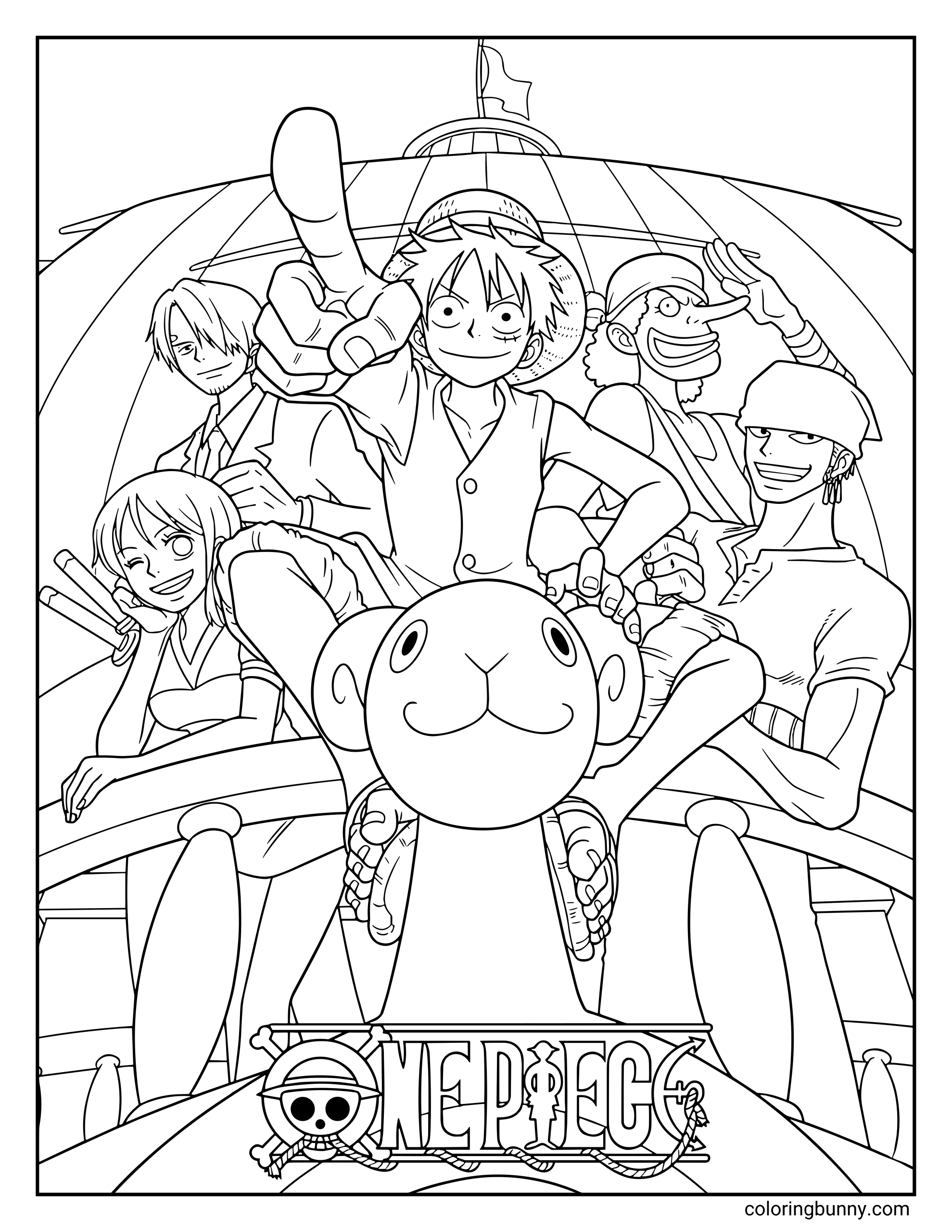 A One Piece coloring page showing several Straw Hat Pirates gathered on the deck of the Going Merry ship. Monkey D. Luffy sits proudly at the front pointing forward, while Nami, Sanji, Usopp, and Roronoa Zoro pose around him with the Going Merry’s sheep figurehead visible in front of them.