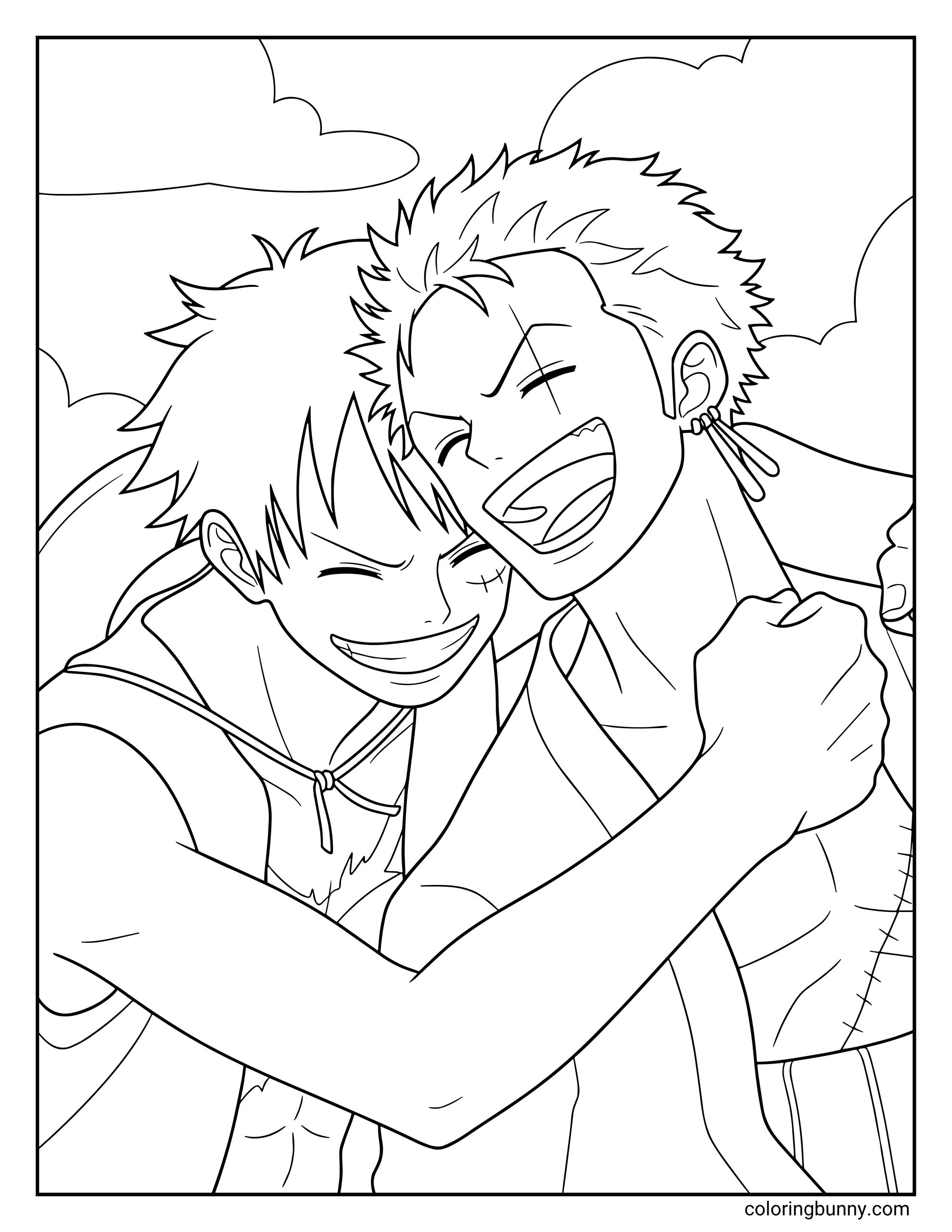 A simple coloring page of Monkey D. Luffy and Roronoa Zoro from One Piece. Both characters are laughing joyfully with their eyes closed. Luffy, on the left, has his arm around Zoro’s shoulder, while Zoro, on the right, has his arm draped over Luffy.