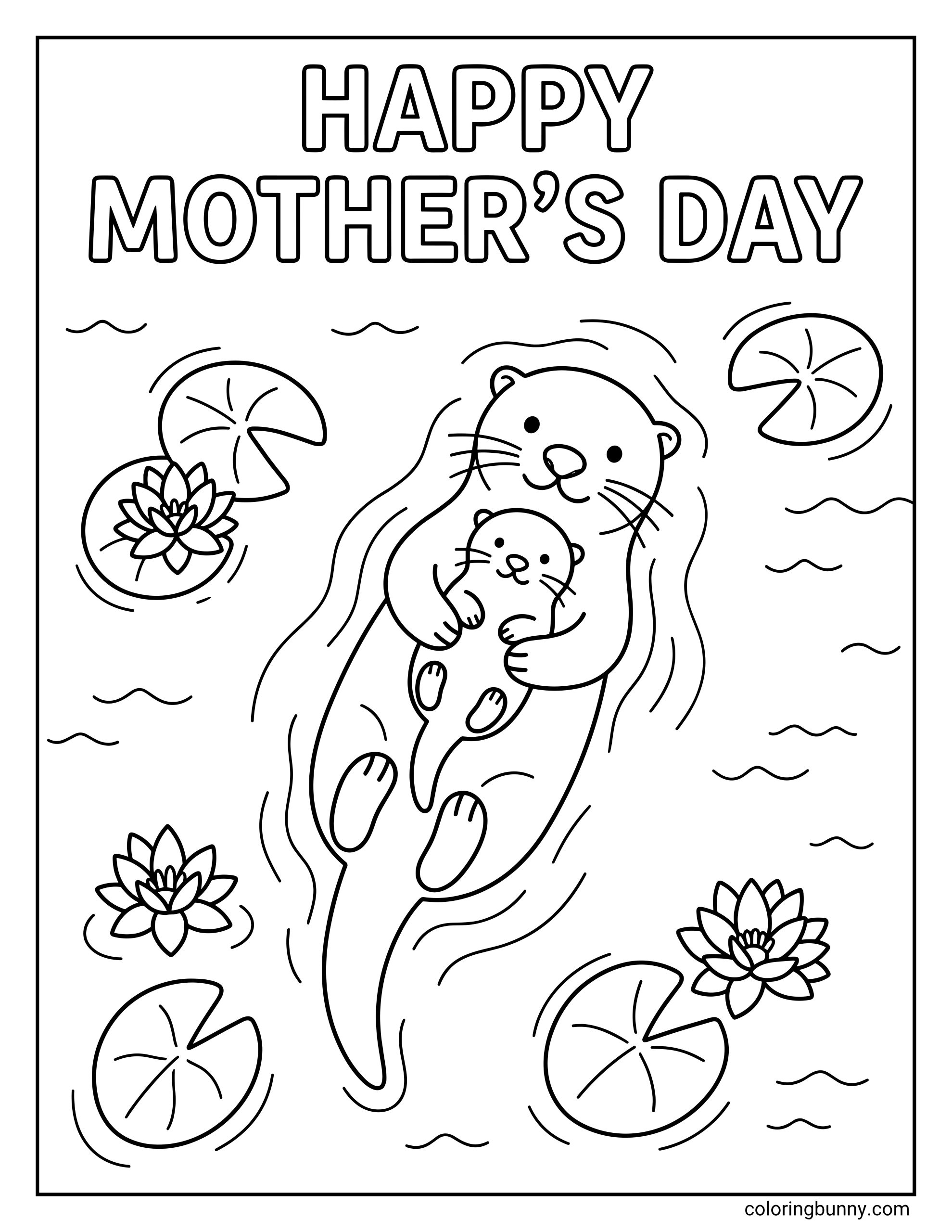 Mother’s Day otter coloring page featuring a mama otter cuddling her baby while floating on the water, surrounded by lily pads, lotus flowers, and soft ripple details
