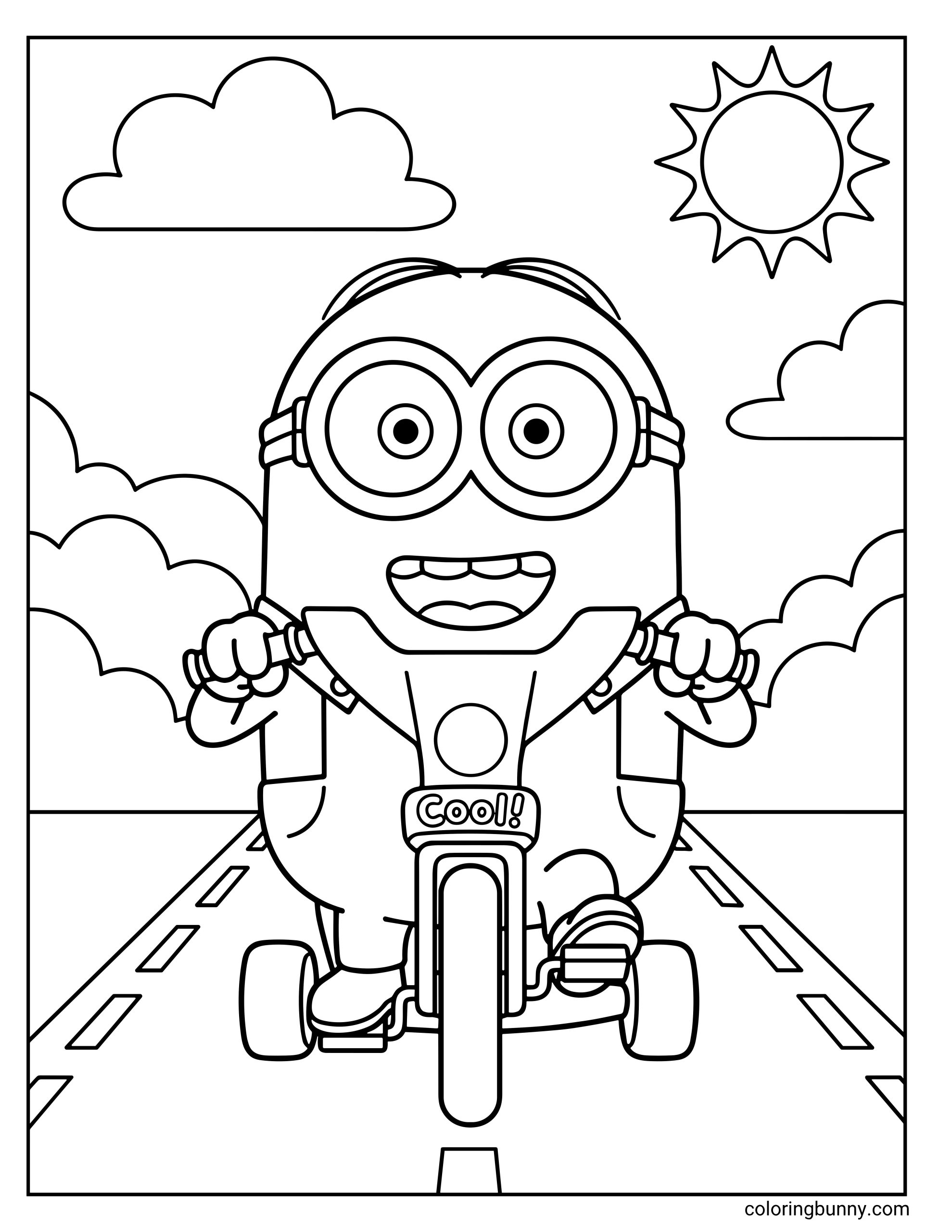 A coloring page from Minions: The Rise of Gru featuring Otto riding his tricycle at high speed down a long, open highway. He has a determined expression and a wide, toothy grin, as he pedals under a bright sun and fluffy clouds.
