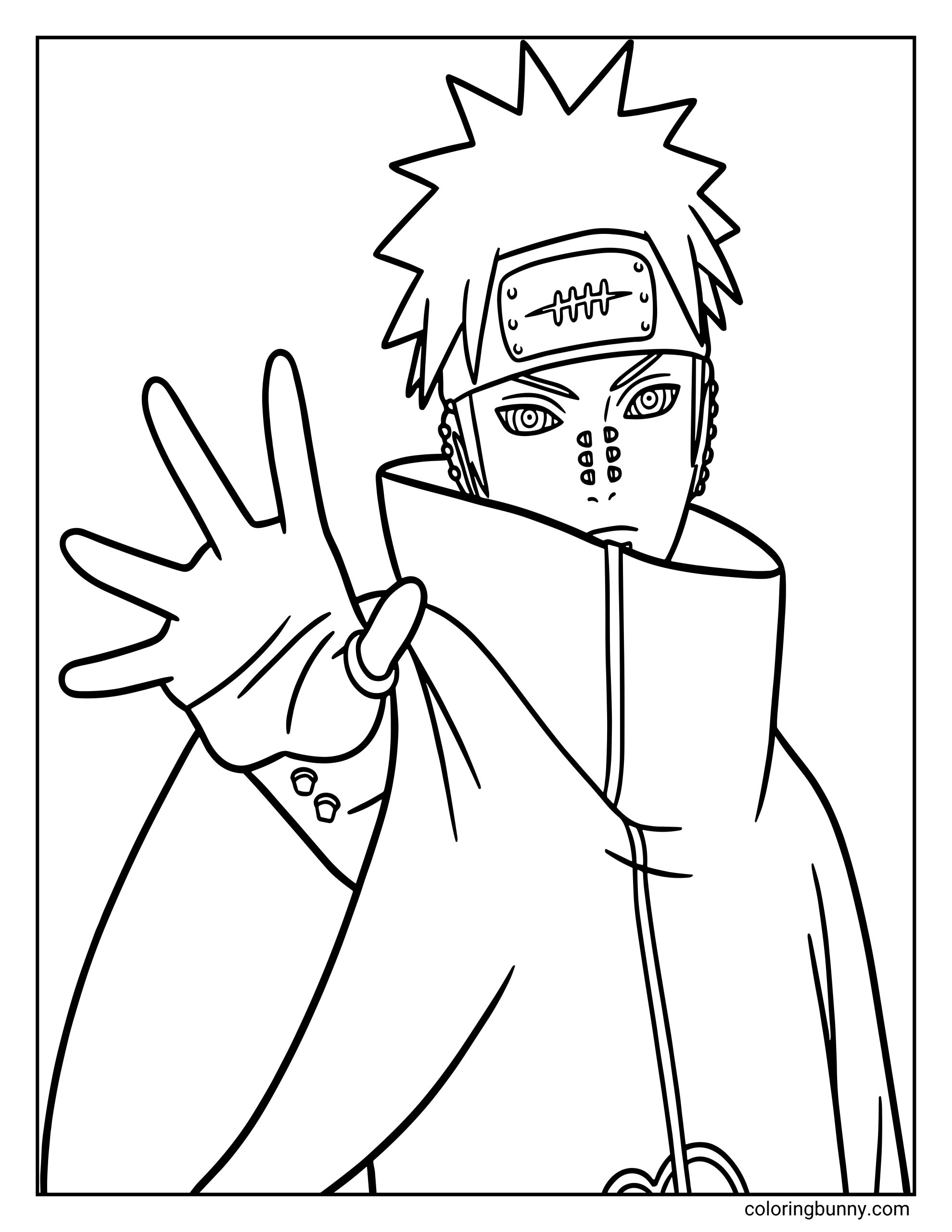 A Naruto coloring page featuring Pain (Nagato) with his distinctive piercings and spiky hair, wearing the Akatsuki cloak. His Rinnegan eyes are visible as he raises his hand forward, representing the powerful leader of the Akatsuki and one of the most formidable antagonists in Naruto: Shippuden.