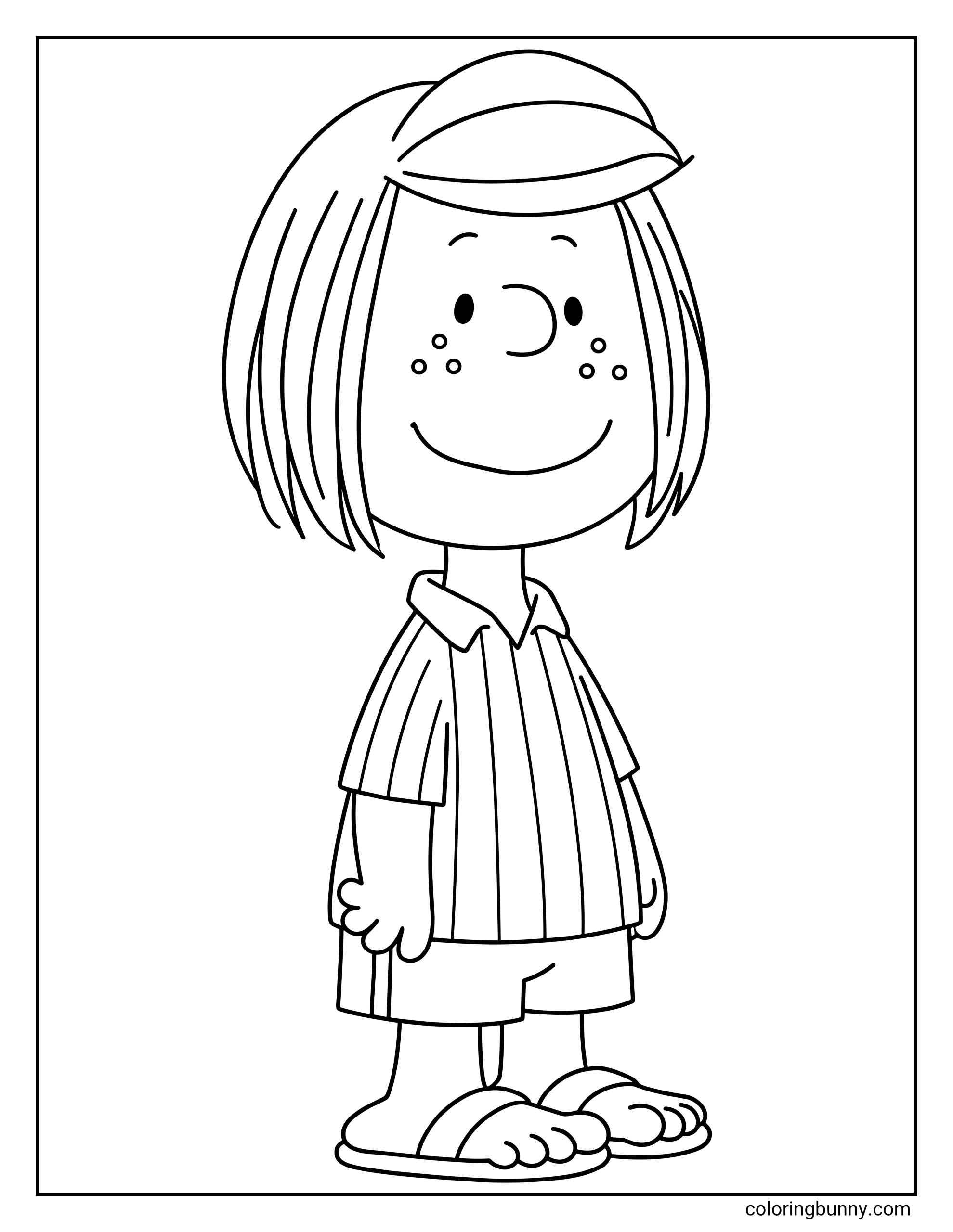 Peppermint Patty coloring page showing the Peanuts character Peppermint Patty standing alone with a smile, wearing her collared striped shirt, shorts, and sandals