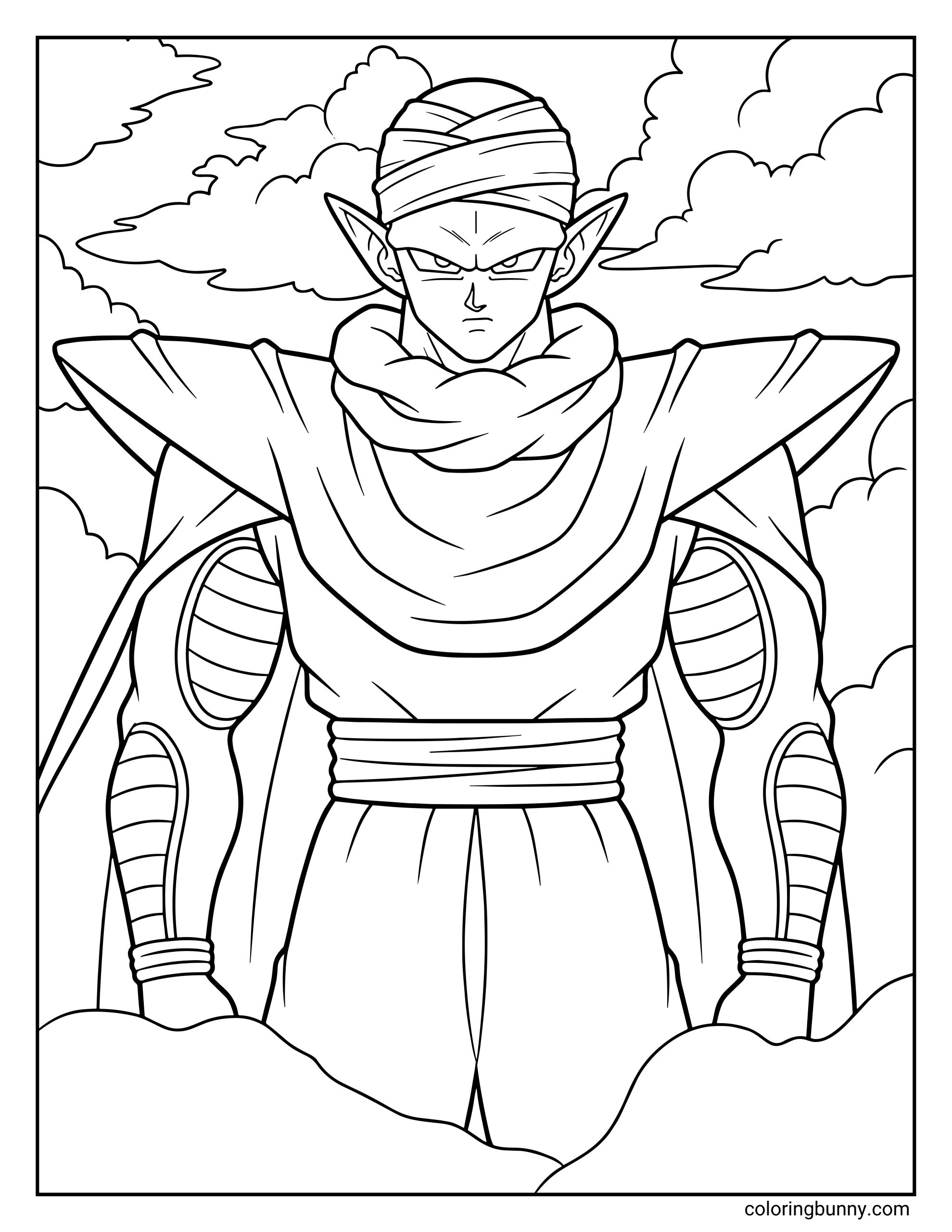 A Dragon Ball Z coloring page featuring Piccolo standing confidently, looking serious as clouds drift behind him. The powerful Namekian warrior stands tall with his arms at his sides, ready for battle.