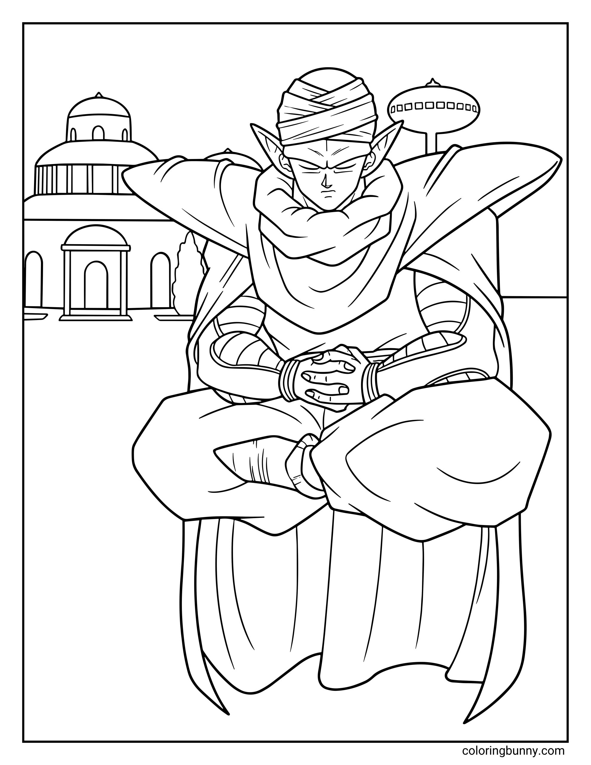 A Dragon Ball Z coloring page featuring Piccolo meditating in a floating seated position. The Namekian warrior sits calmly with his hands together while buildings from Kami’s Lookout appear in the background.