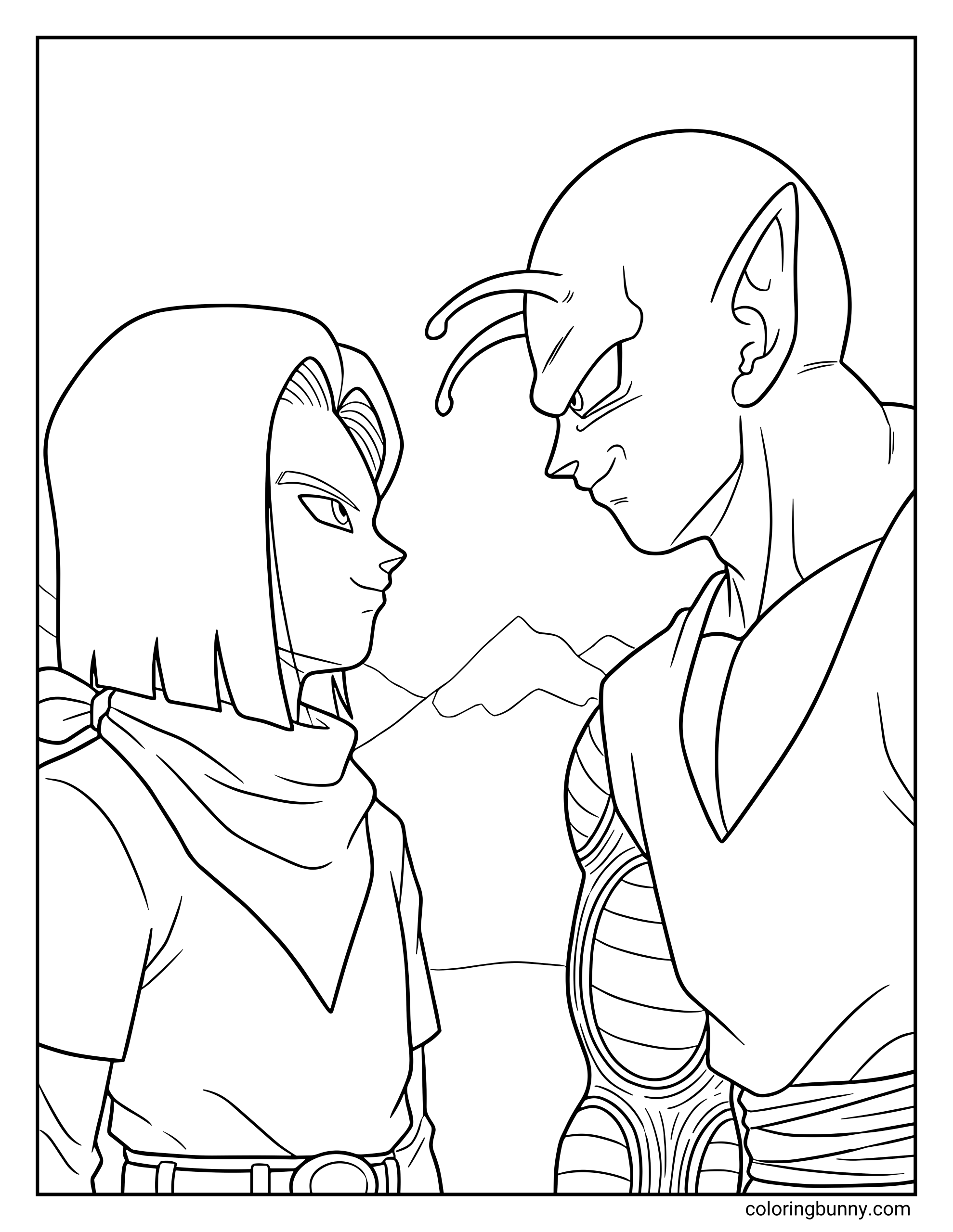 A Dragon Ball Z coloring page featuring Piccolo facing Android 17 in a tense standoff. The Namekian warrior and the powerful android stand nose-to-nose with mountains in the background as they prepare for battle.