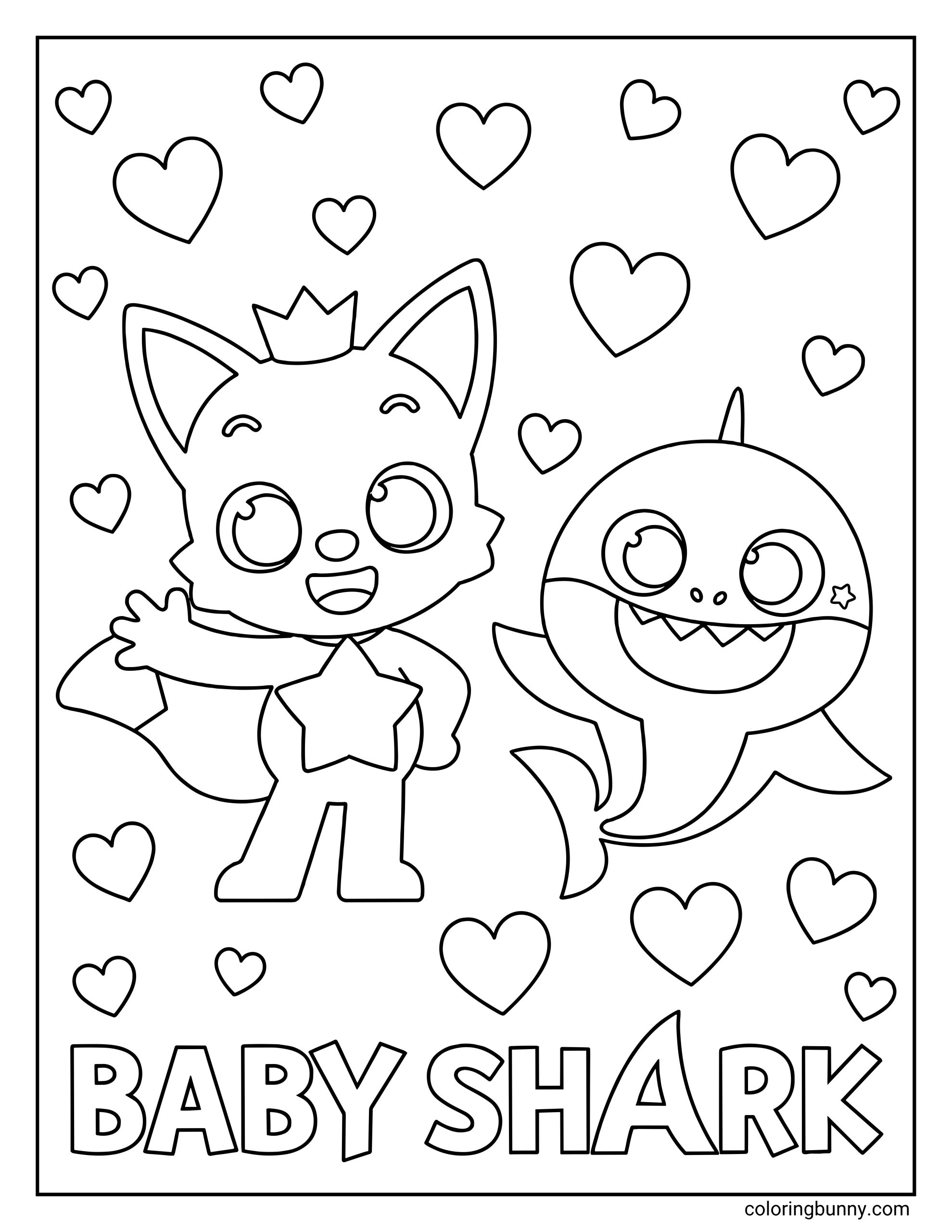 Pinkfong and Baby Shark with hearts coloring page showing Pinkfong and Baby Shark standing side by side, surrounded by hearts of different sizes, with the words “BABY SHARK” at the bottom.