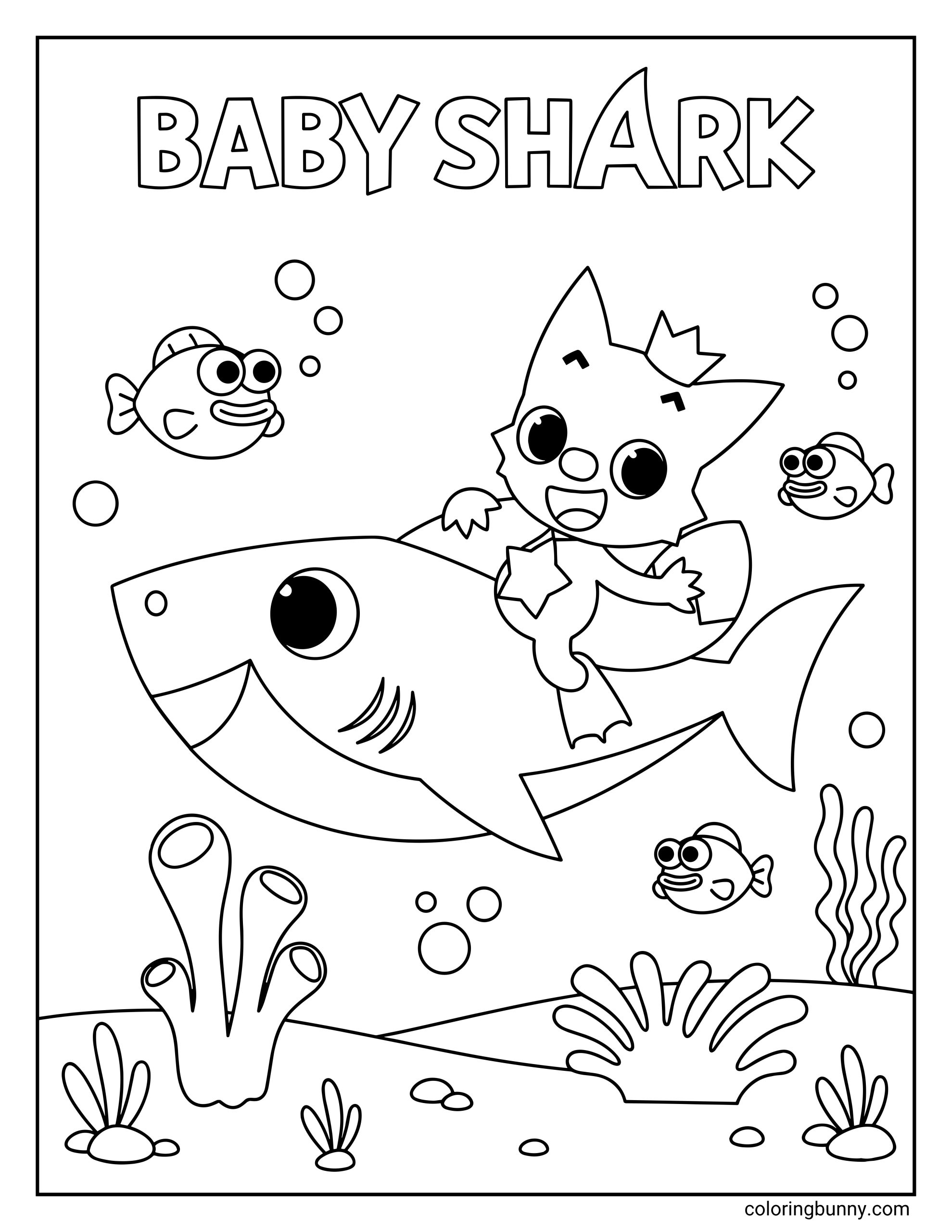 A simple coloring sheet of Pinkfong sitting on Baby Shark while swimming underwater, surrounded by bubbles, fish, coral, seaweed, and simple ocean floor details.