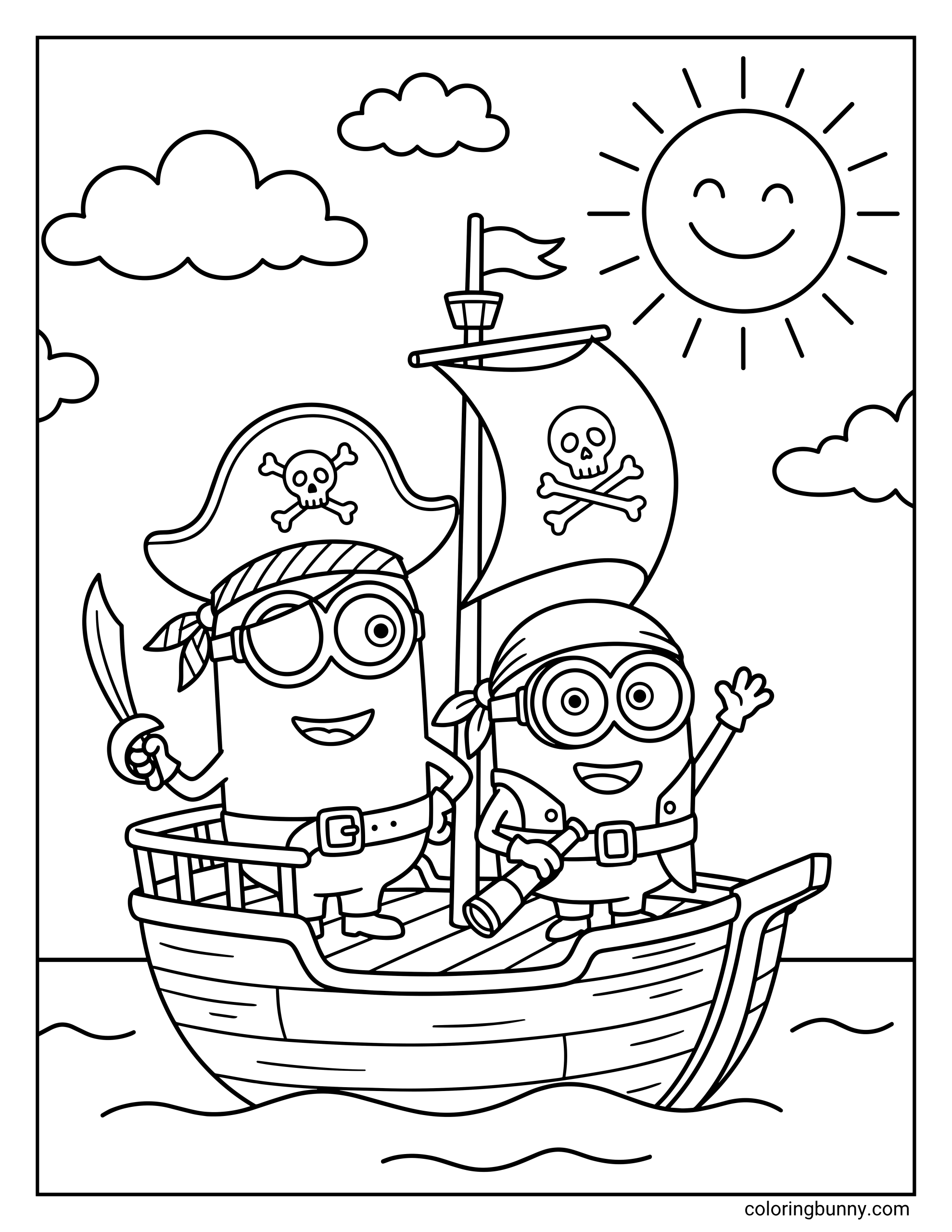 A Minions coloring page featuring Kevin and Bob dressed as pirates on a small wooden ship. Kevin wears a captain's hat and holds a sword while Bob waves from the deck under a smiling sun and a sail.