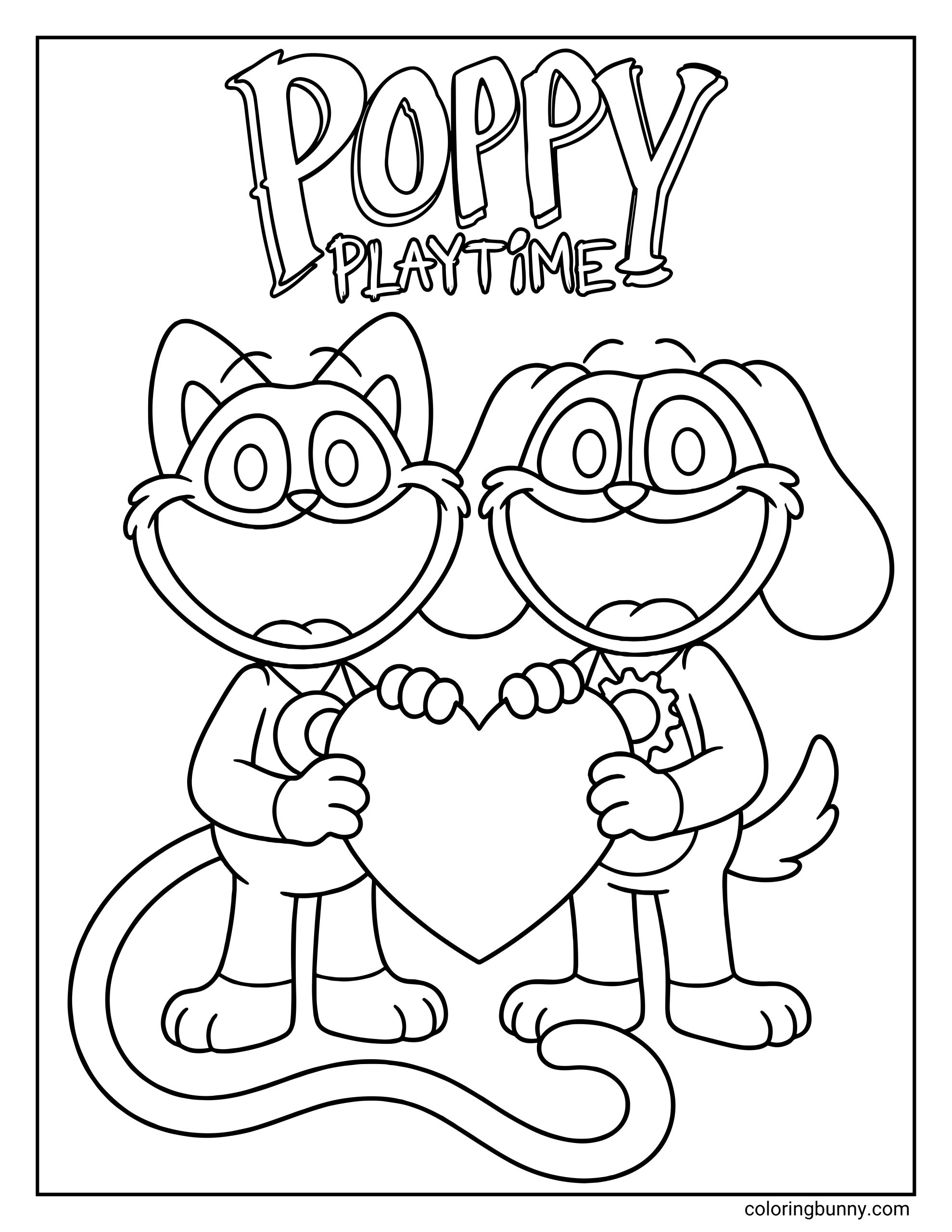 A simple coloring sheet showing CatNap and DogDay standing side by side holding a heart, with the Poppy Playtime title above them