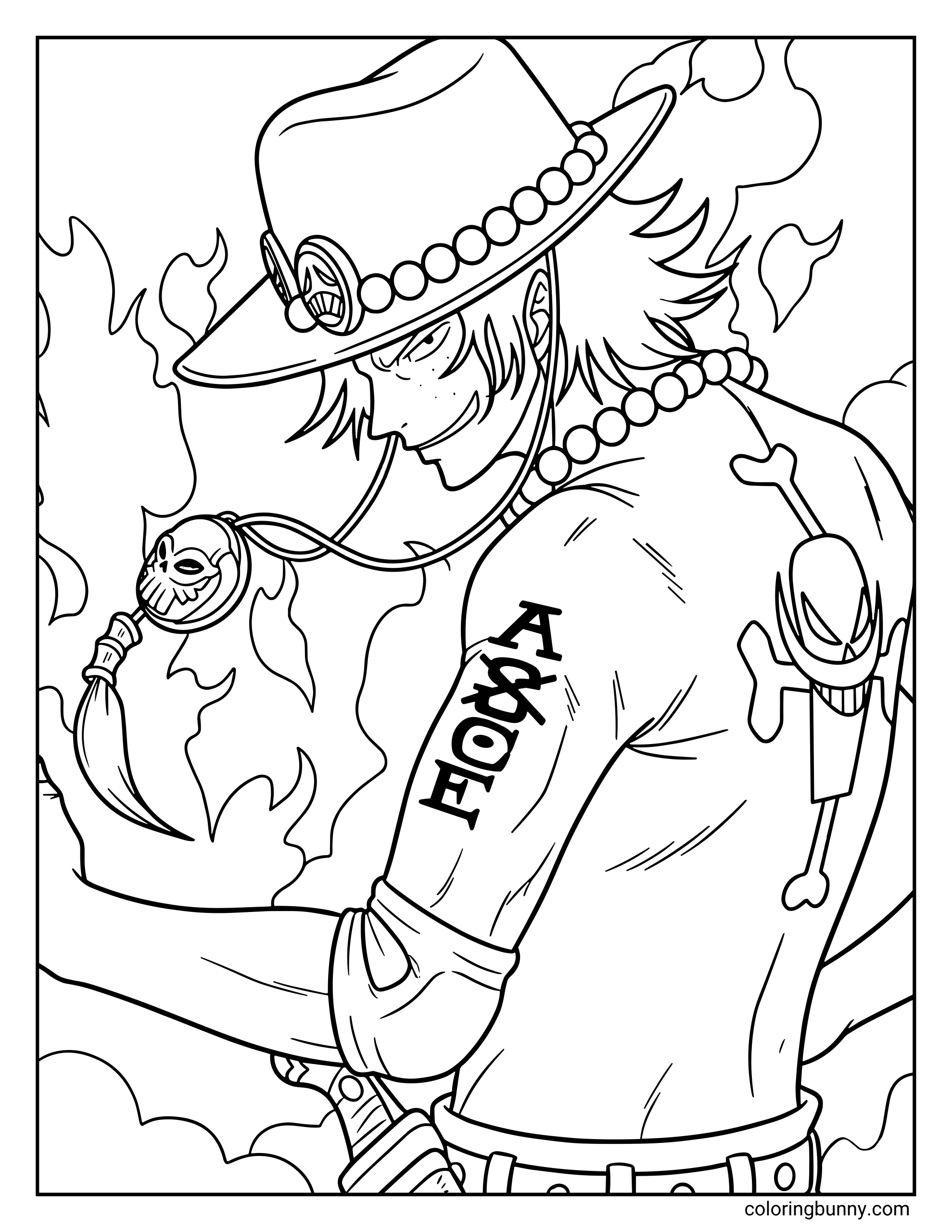 A Portgas D. Ace One Piece coloring page showing Ace turning slightly while flames rise behind him. Wearing his iconic hat with bead necklace and the “ASCE” tattoo on his arm, the powerful fire-wielding pirate stands confidently with his signature smirk.
