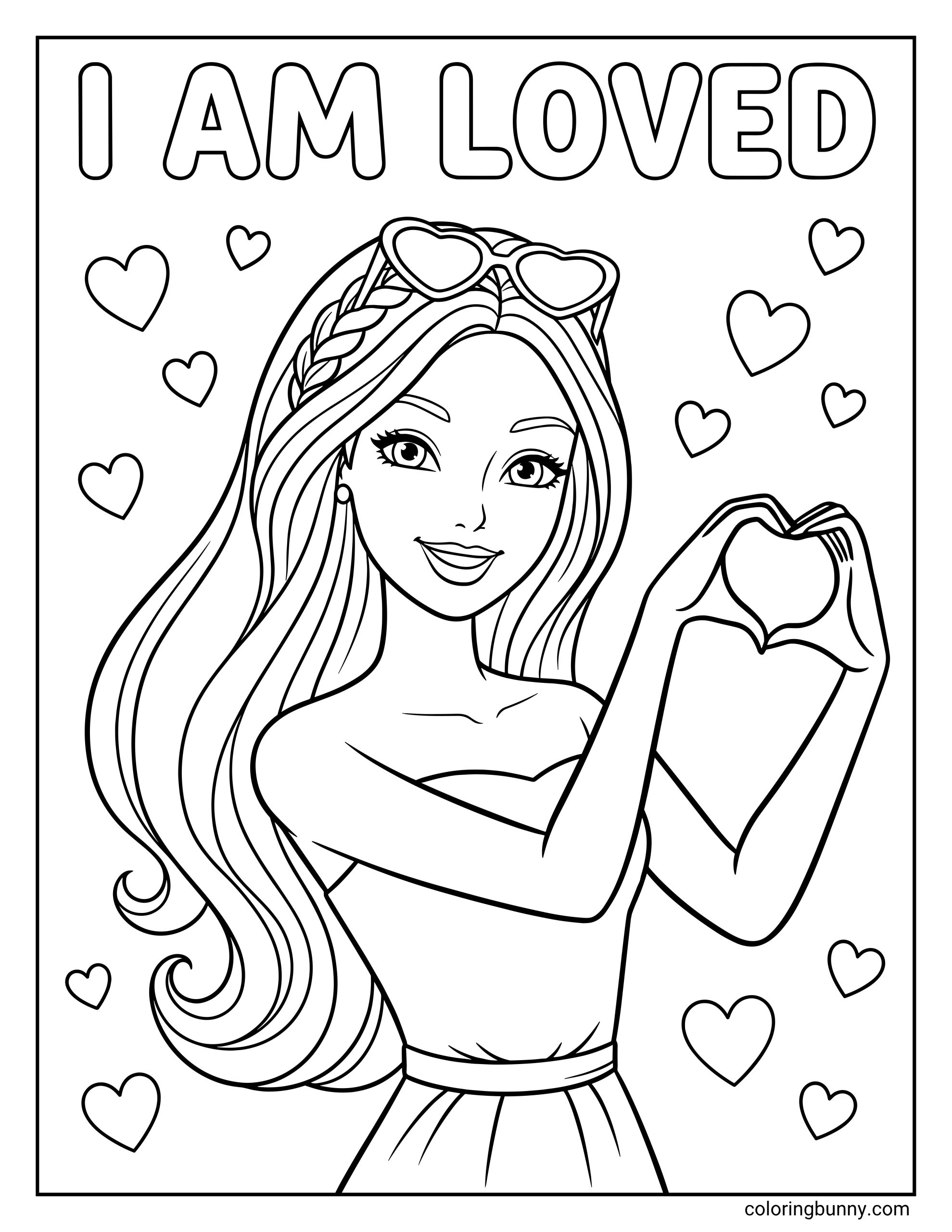 A coloring page of Barbie in a positive affirmation portrait, shown with long wavy hair, a confident smile, and heart hands under the words “I Am Loved,” framed by hearts in simple line art.
