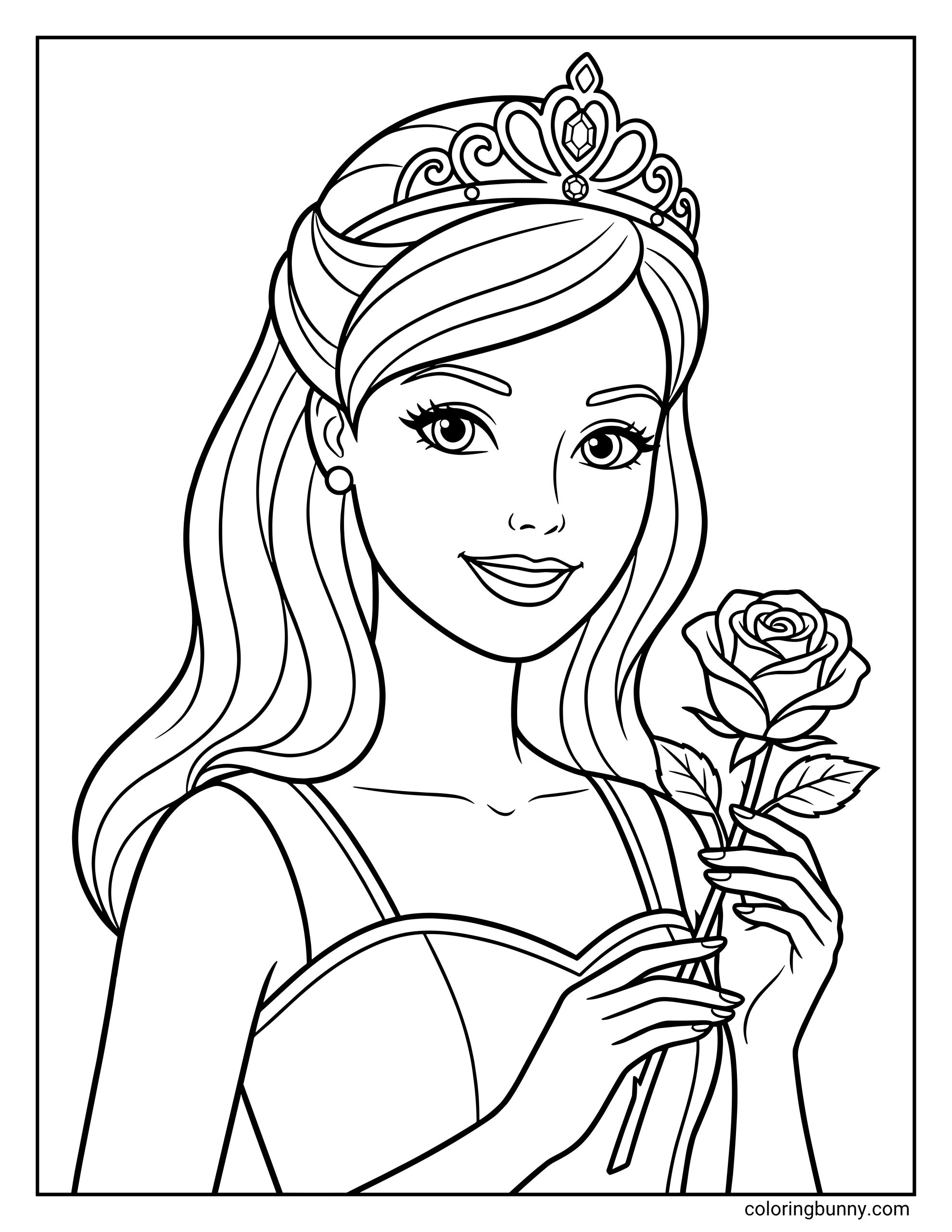 Coloring page of Princess Barbie wearing a jeweled tiara and holding a rose in her hands. Her long hair falls over her shoulders, and her elegant dress and gentle smile give the portrait a graceful royal look.