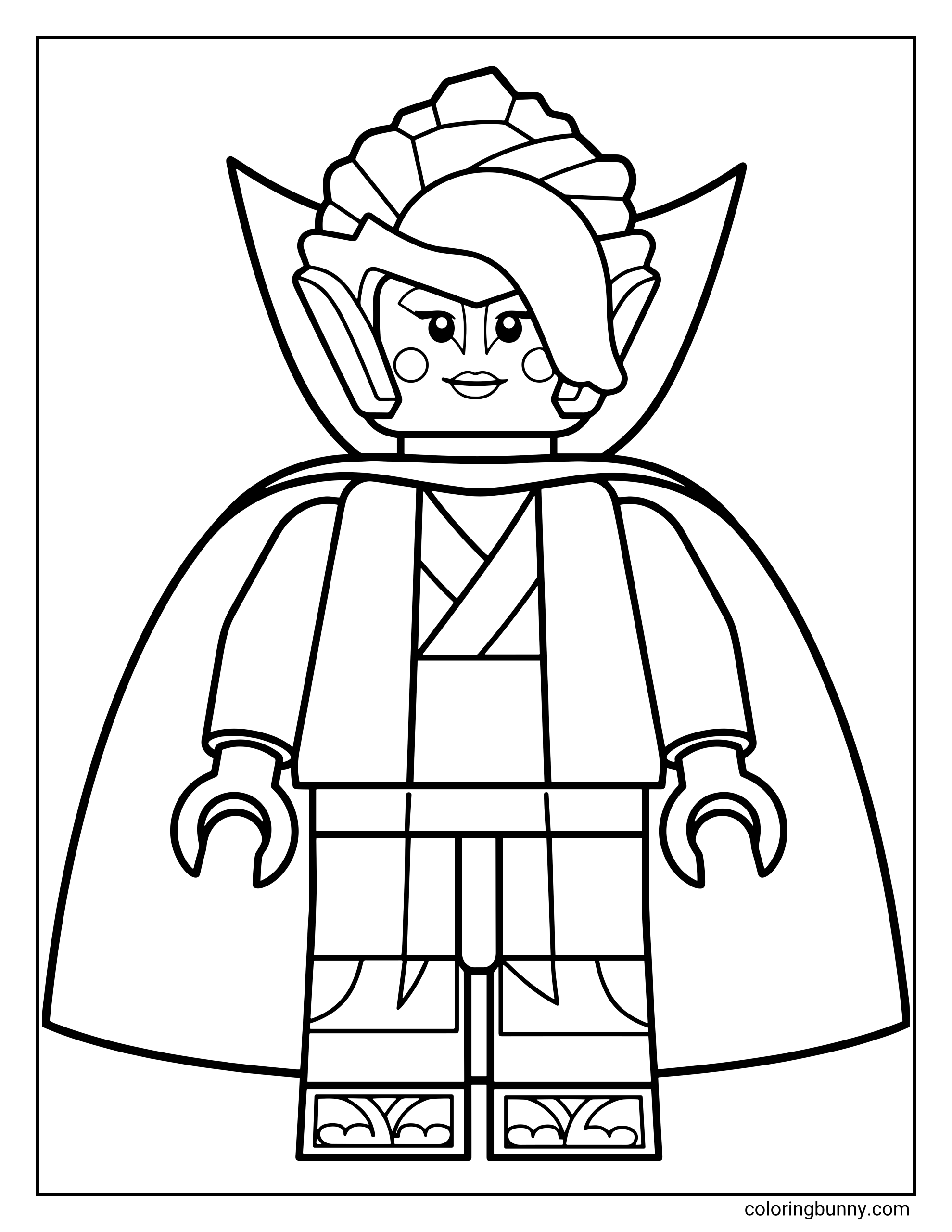 A LEGO Ninjago coloring page of Princess Harumi, the Jade Princess, standing in her royal attire with a high-collared cape. The illustration captures her intricate hairstyle and unique face markings, showcasing her before she was revealed as the Quiet One.