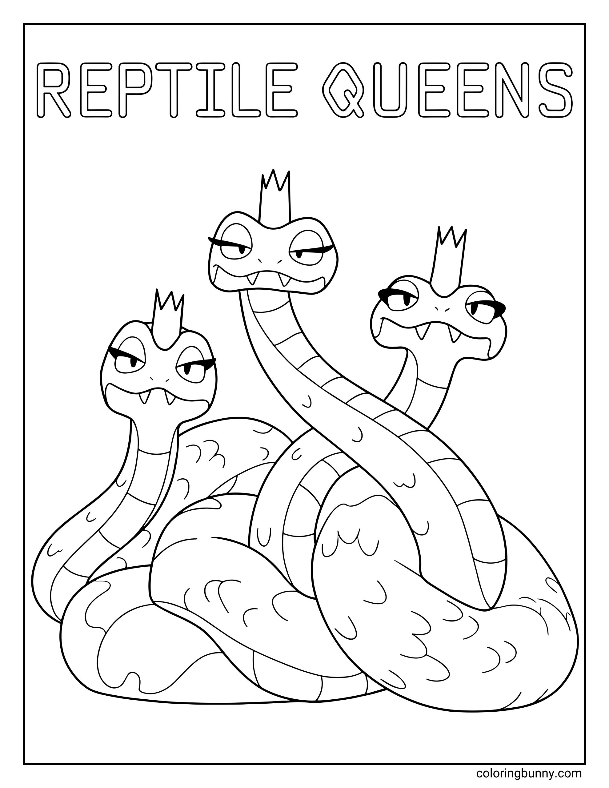 A Hoppers Disney coloring page featuring the Reptile Queens, three crowned snake sisters coiled together with their long necks rising high above their bodies. Each snake has a crown, sharp fangs, and a sly expression as they loom together, forming a powerful trio.