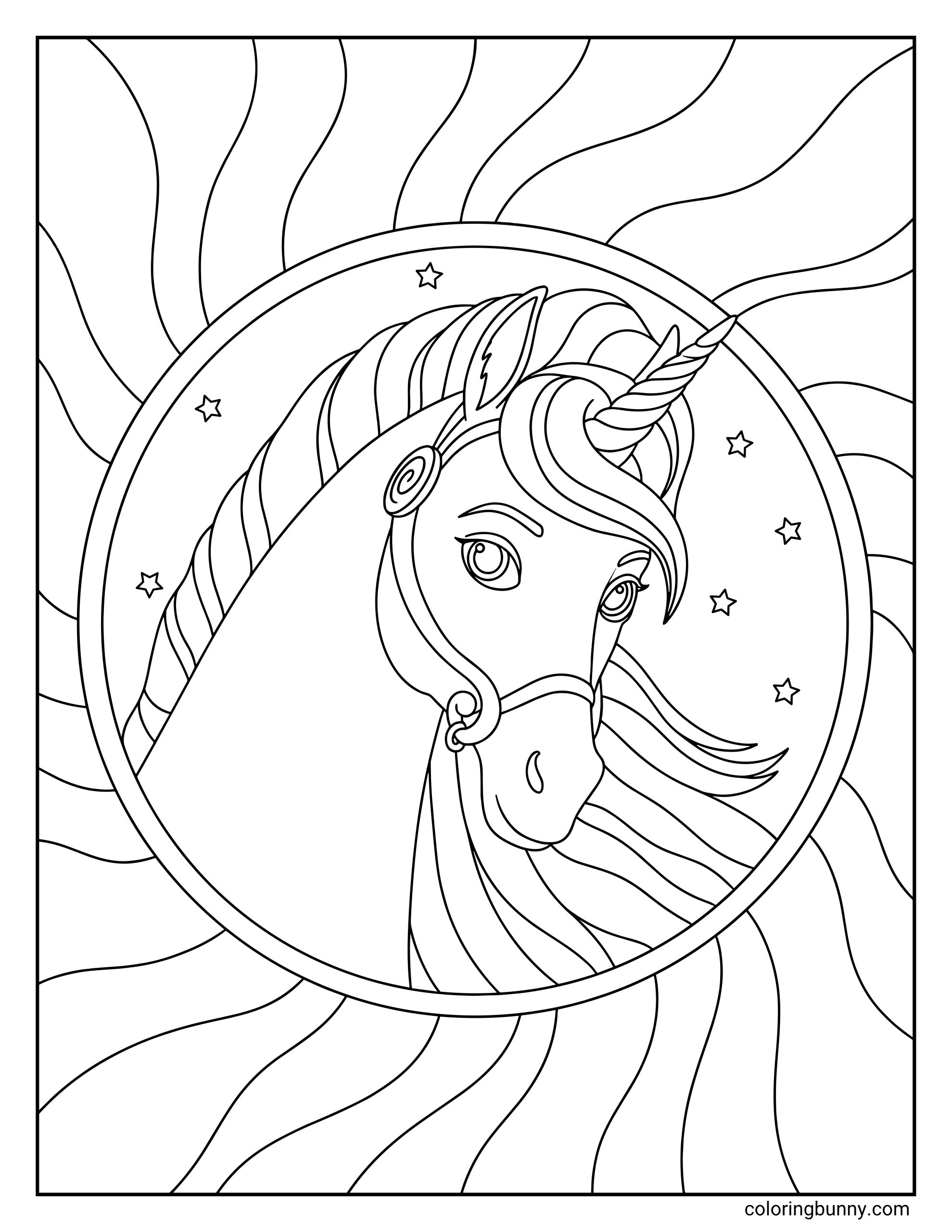 Unicorn Academy coloring page showing a portrait of River the unicorn inside a circular frame with wavy lines radiating in the background.